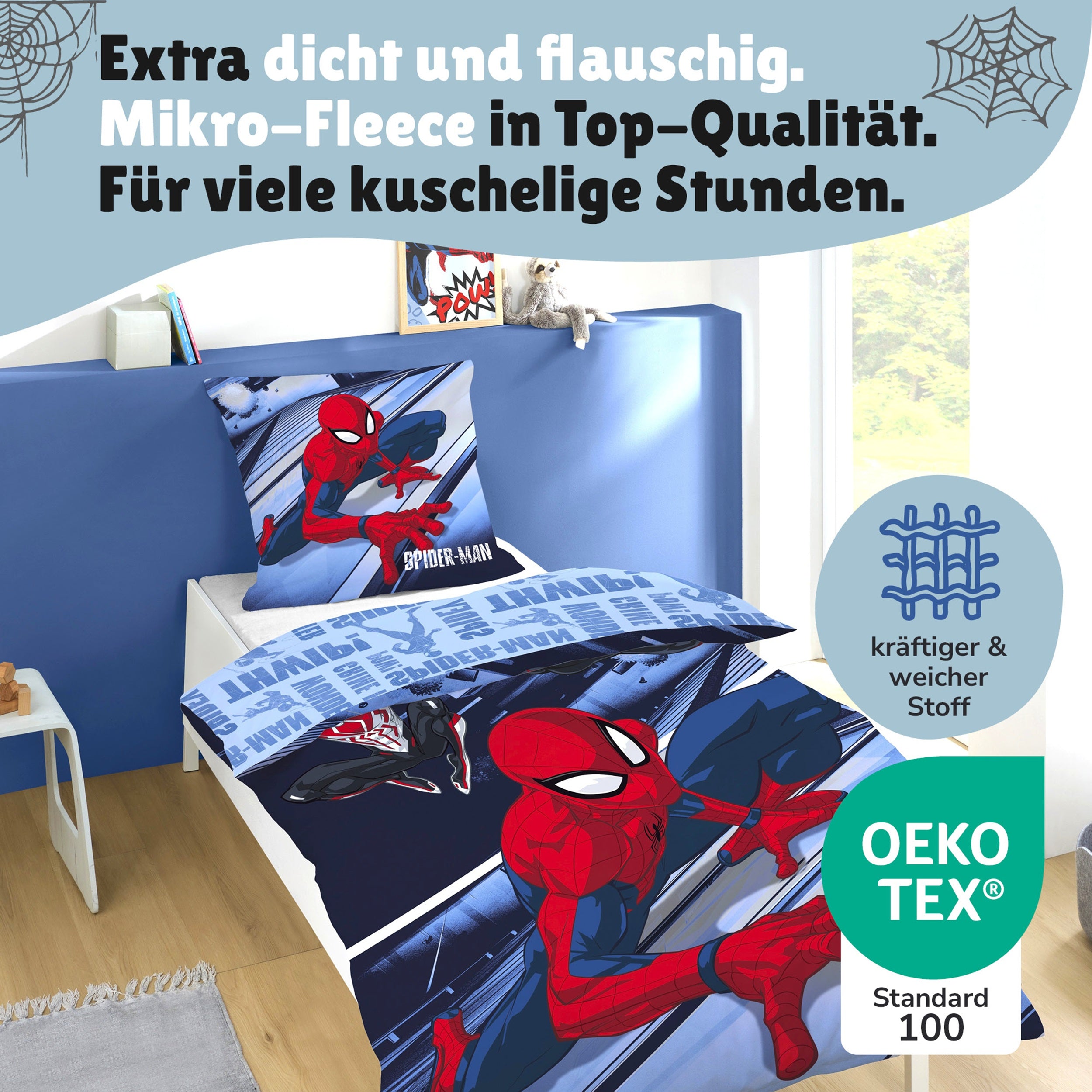 Spiderman Bettwäsche Set für Jungen in Fleece Qualität - Decken- und Kissenbezug 135x200 80x80 cm mit Reißverschluss - Blau, Öko-Tex