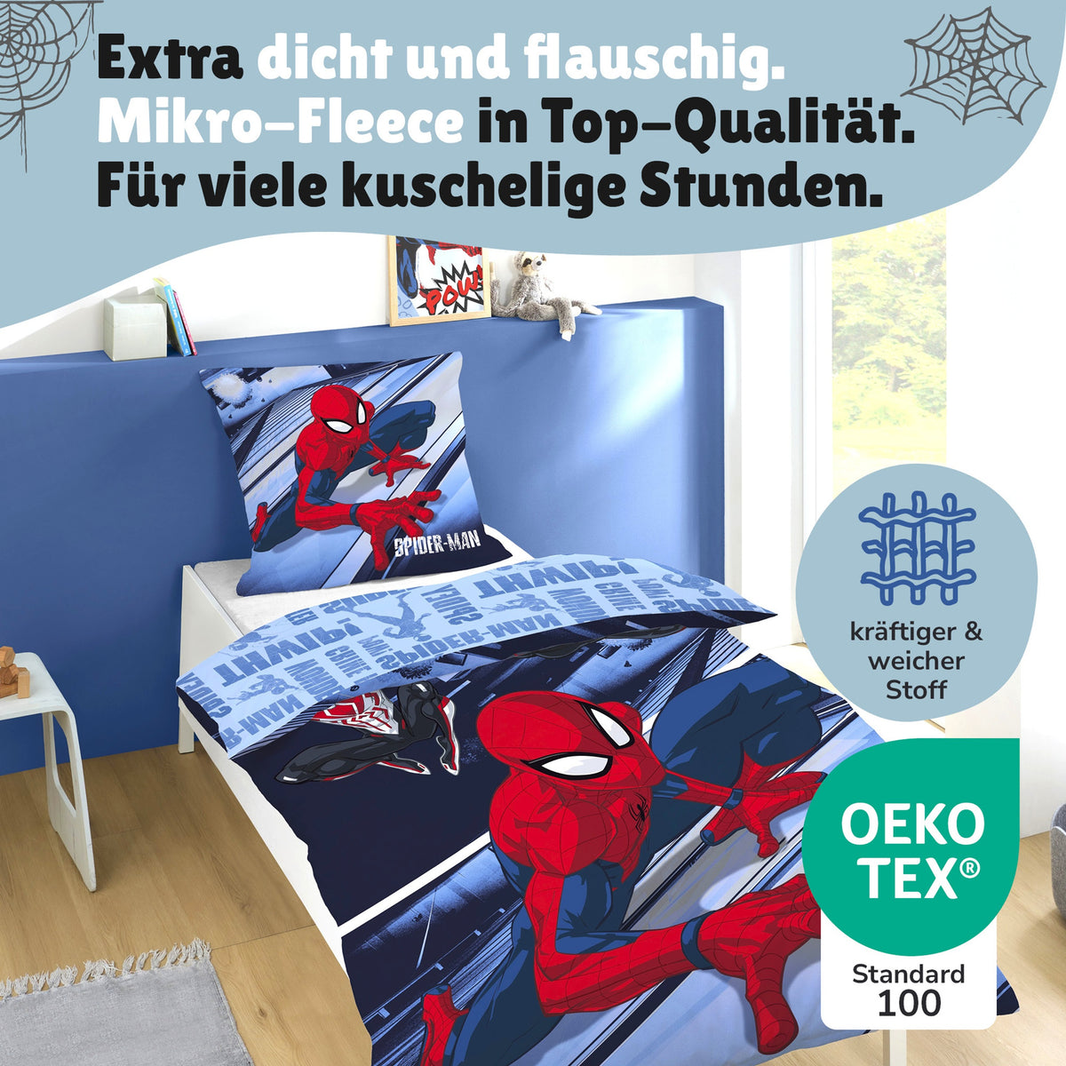 Spiderman Bettwäsche Set 2-teilig 135x200 80x80 cm - Winterbettwäsche für Jungen mit Reißverschluss - Fleece-Qualität, maschinenwaschbar, Öko-Tex