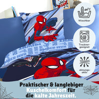 Spiderman Bettwäsche Set für Jungen in Fleece Qualität - Decken- und Kissenbezug 135x200 80x80 cm mit Reißverschluss - Blau, Öko-Tex