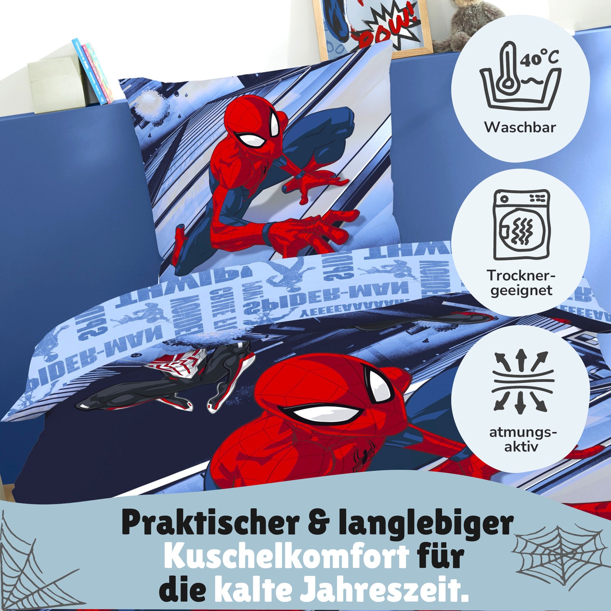 Spiderman Bettwäsche Set für Jungen in Fleece Qualität - Decken- und Kissenbezug 135x200 80x80 cm mit Reißverschluss - Blau, Öko-Tex