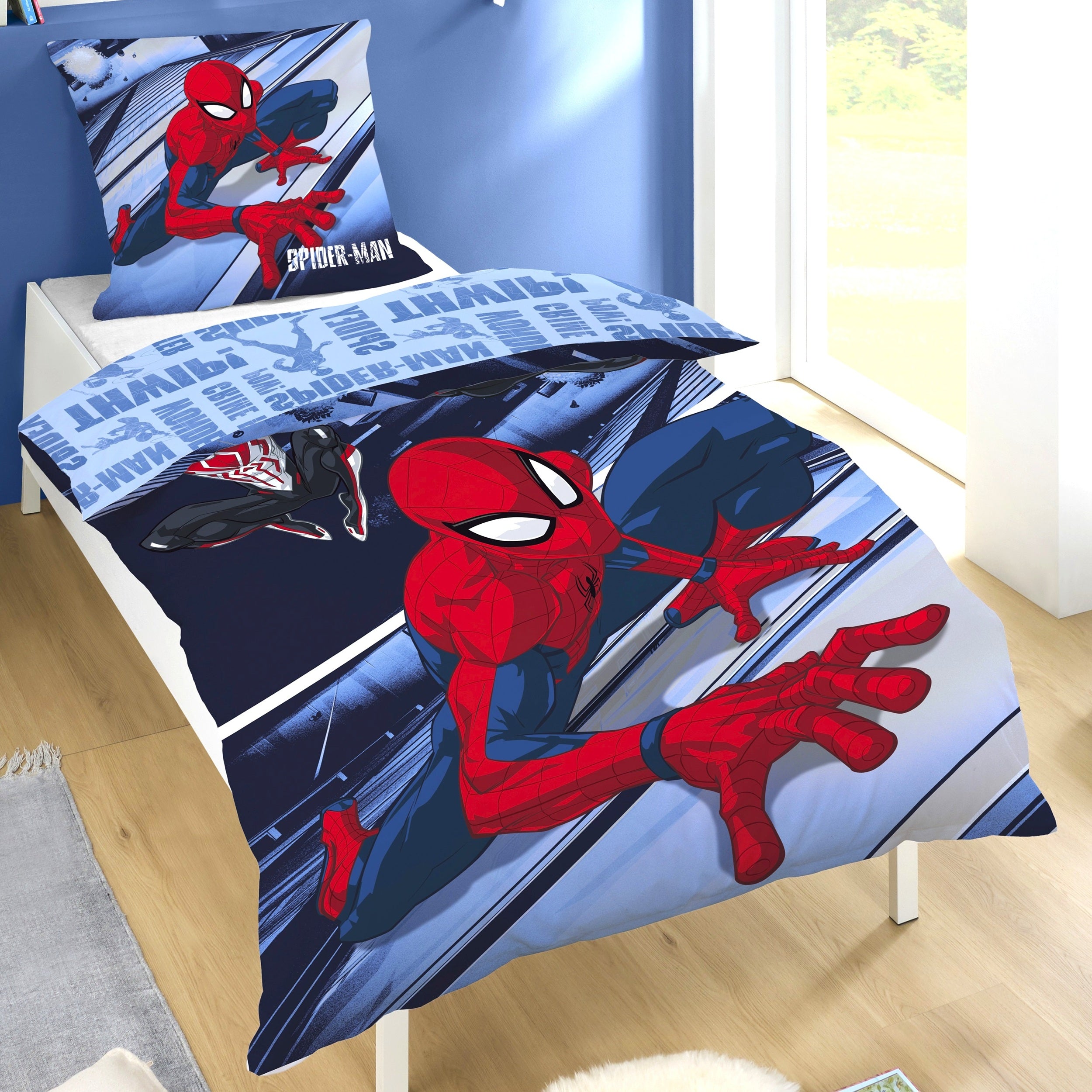 Spiderman Bettwäsche Set für Jungen in Fleece Qualität - Decken- und Kissenbezug 135x200 80x80 cm mit Reißverschluss - Blau, Öko-Tex