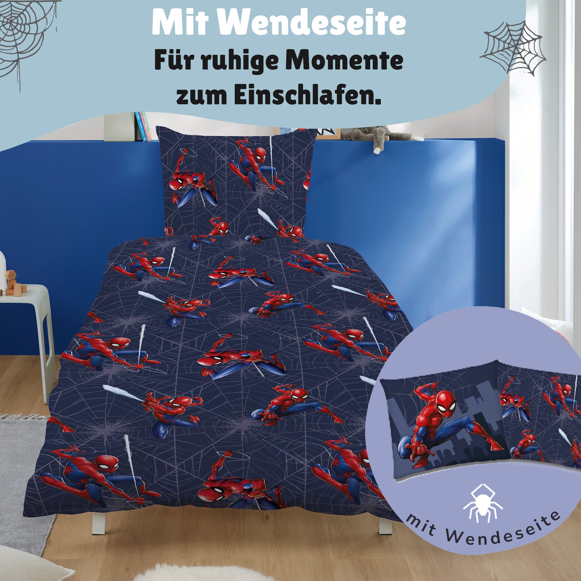 Detilanaischt Wendeseite blau mit vielen kleinen Spiderman Figuren in verschiedenen Posen