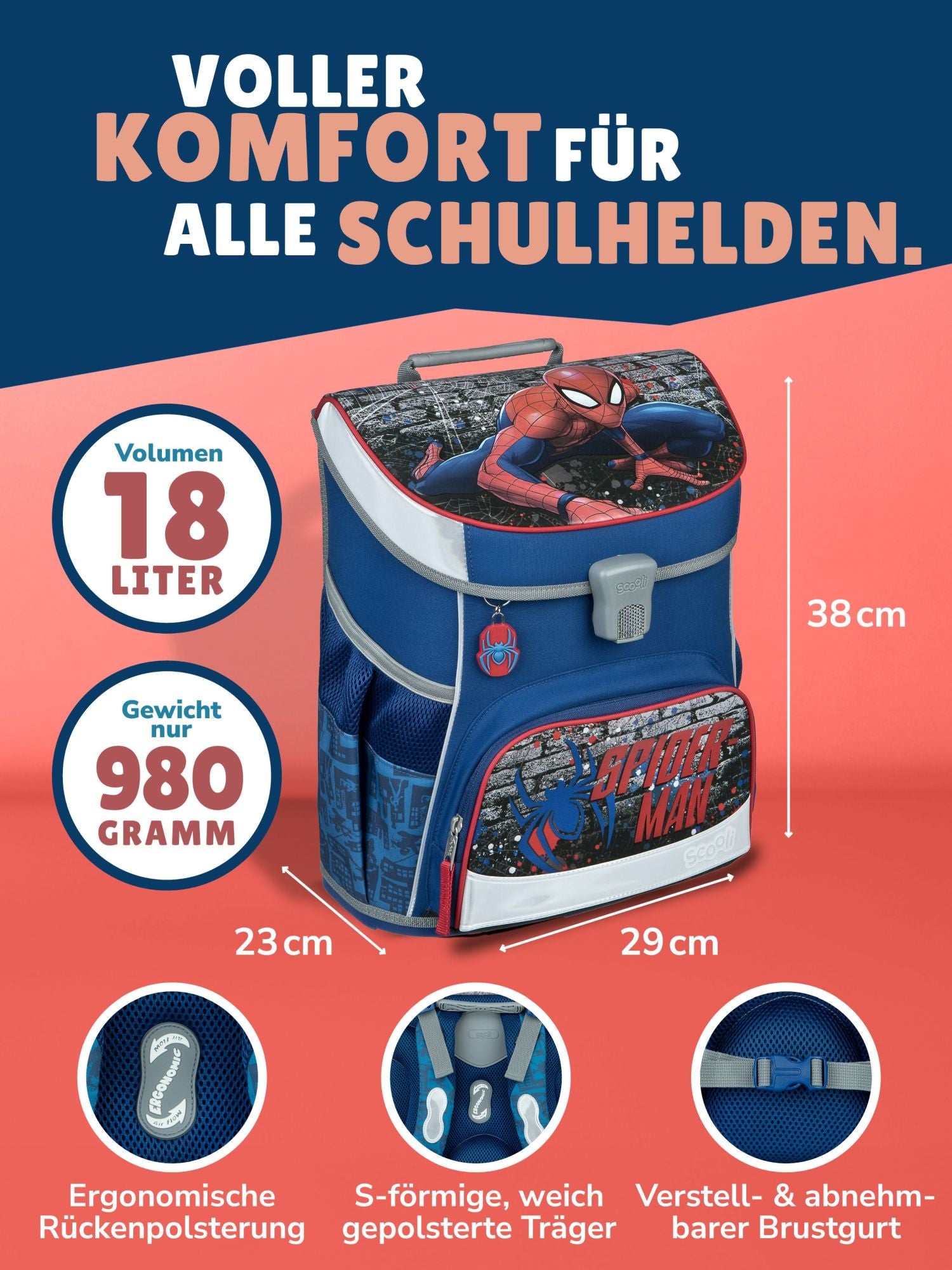 Ansicht Schulranzen Frontal mit Infos zu Volumen 18 Liter, Gewicht 980 Gramm und Ergonomie (Polster, Brustgurt)