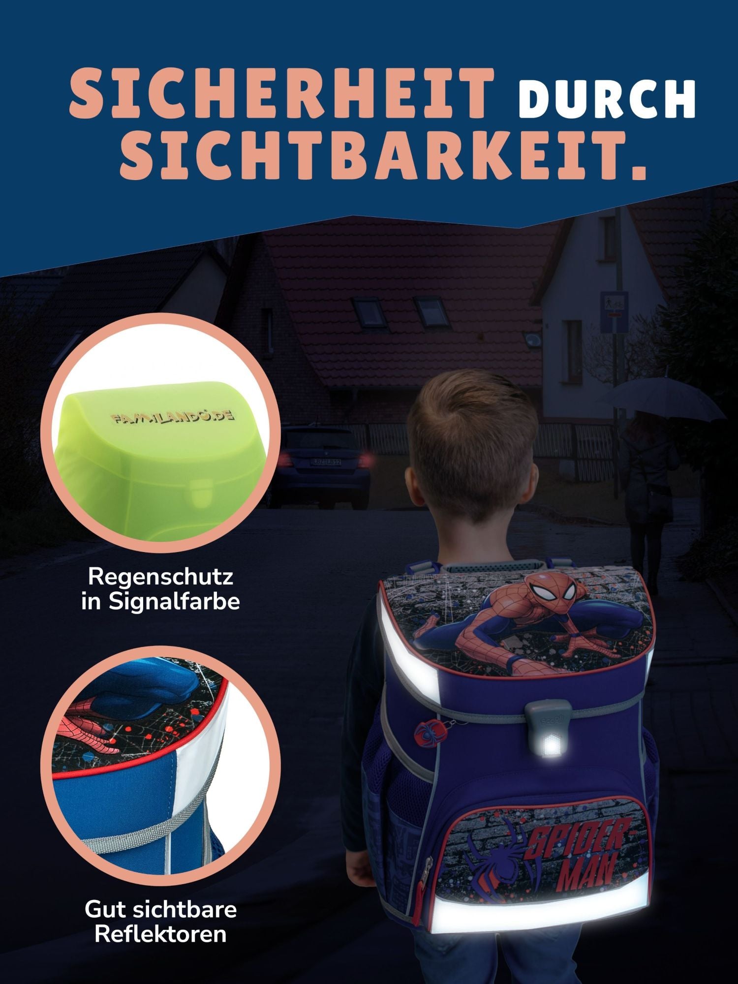 Junge läuft auf dunkler Straße mit Schulranzen, die Reflektoren sind gut zu sehen