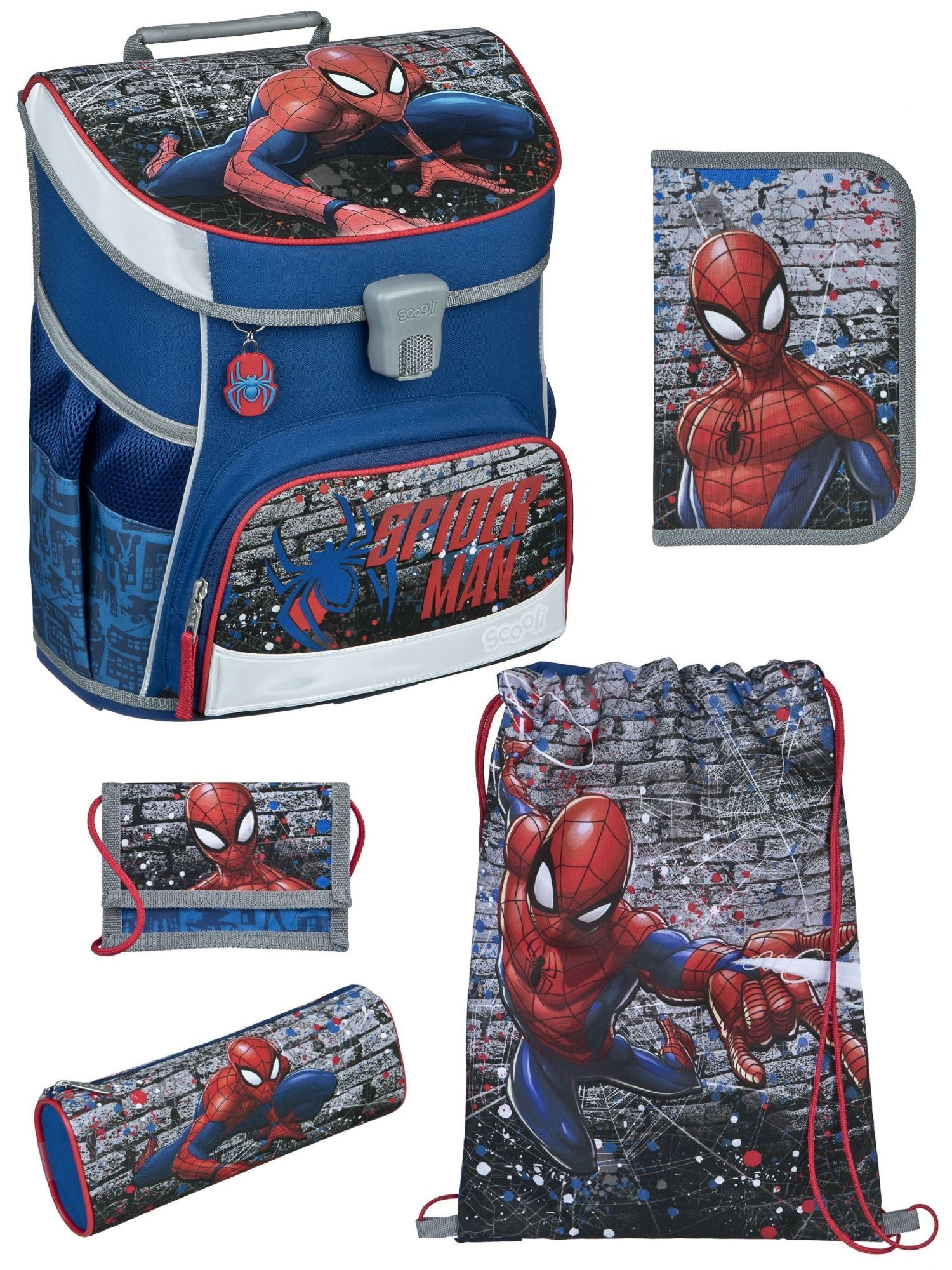 Scooli Campus Fit Schulranzen Set Spider-Man, blau - Spiderman Schultasche ab 1. Klasse