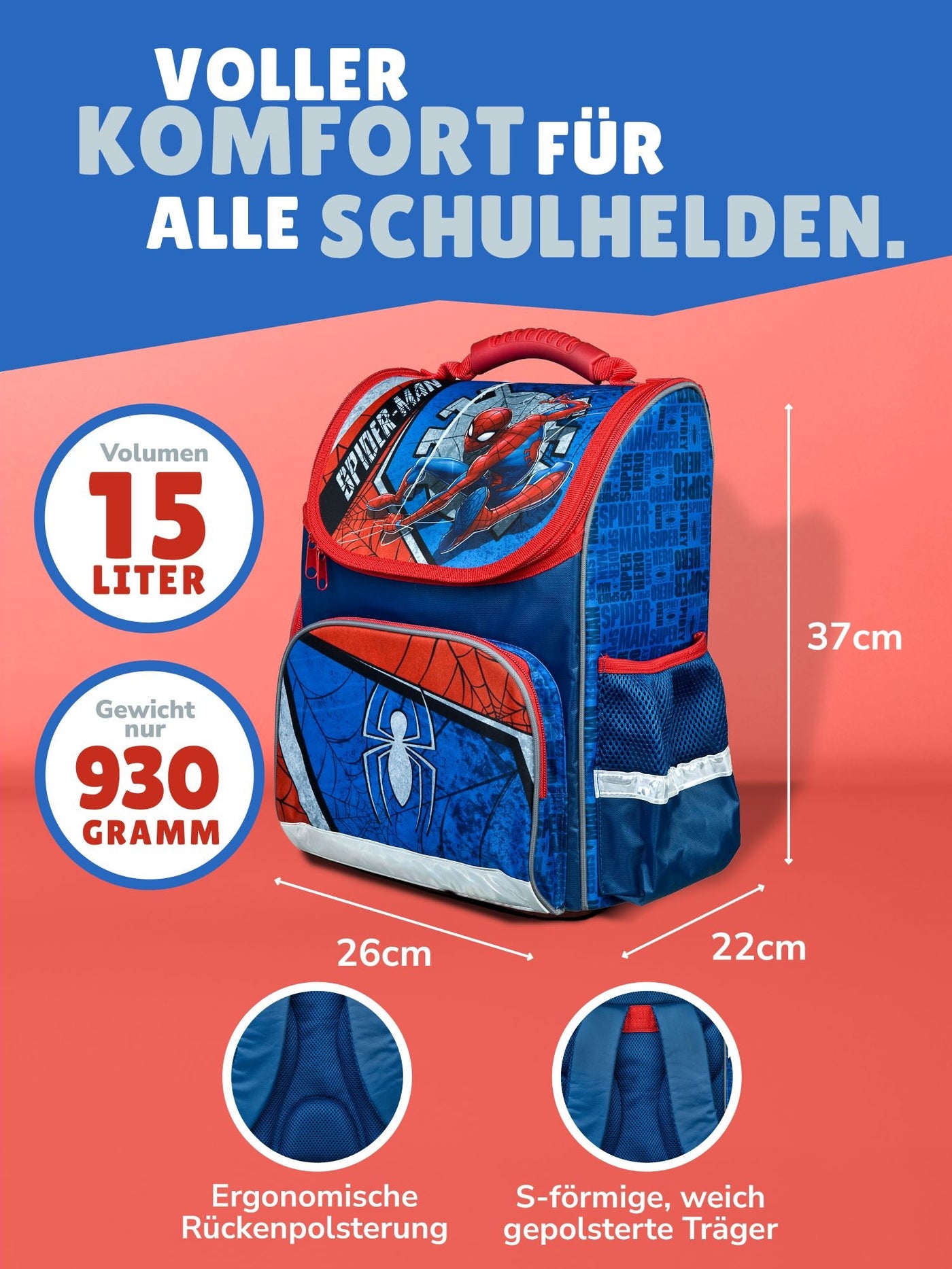 Ansicht Schulranzen Frontal mit Infos zu Volumen 15 Liter, Gewicht 930 Gramm und gepolstertem Rückenbett