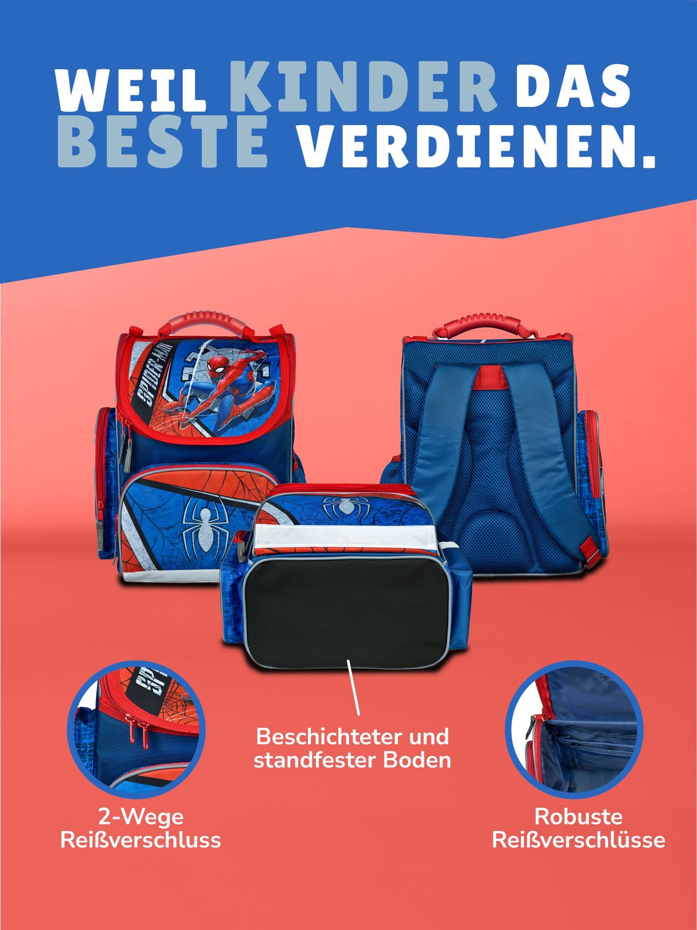 3er Ansicht Schulranzen Front- Rück- und Unterseite - Info zum Reißverschluss am Hauptfach 