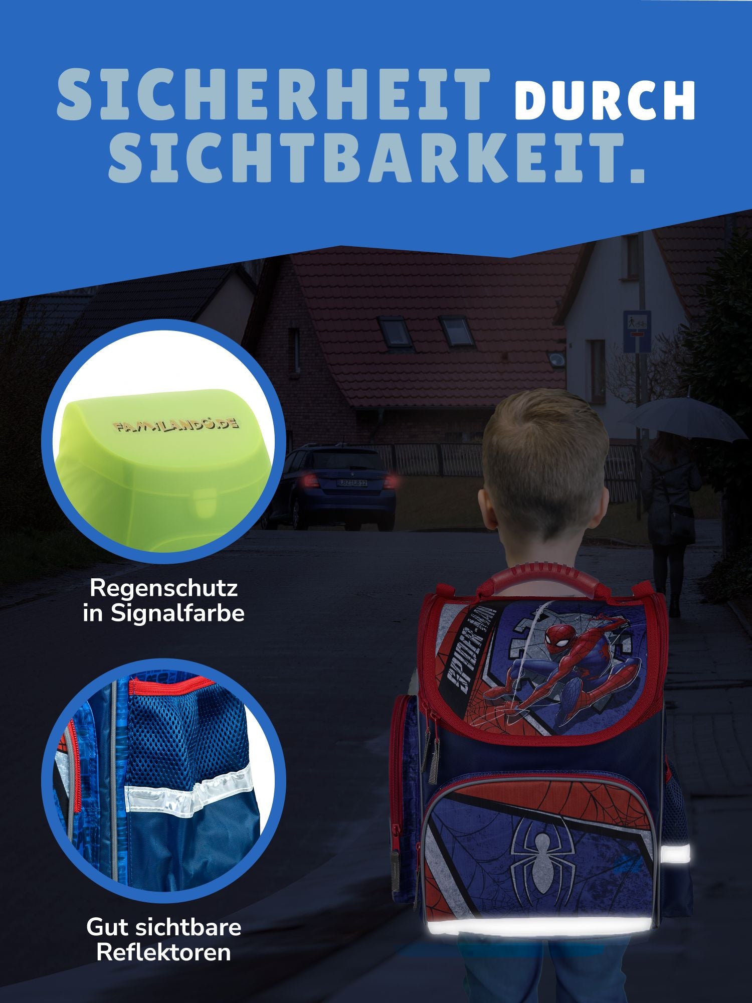 Junge läuft auf dunkler Straße mit Schulranzen - Reflektoren sind gut sichtbar