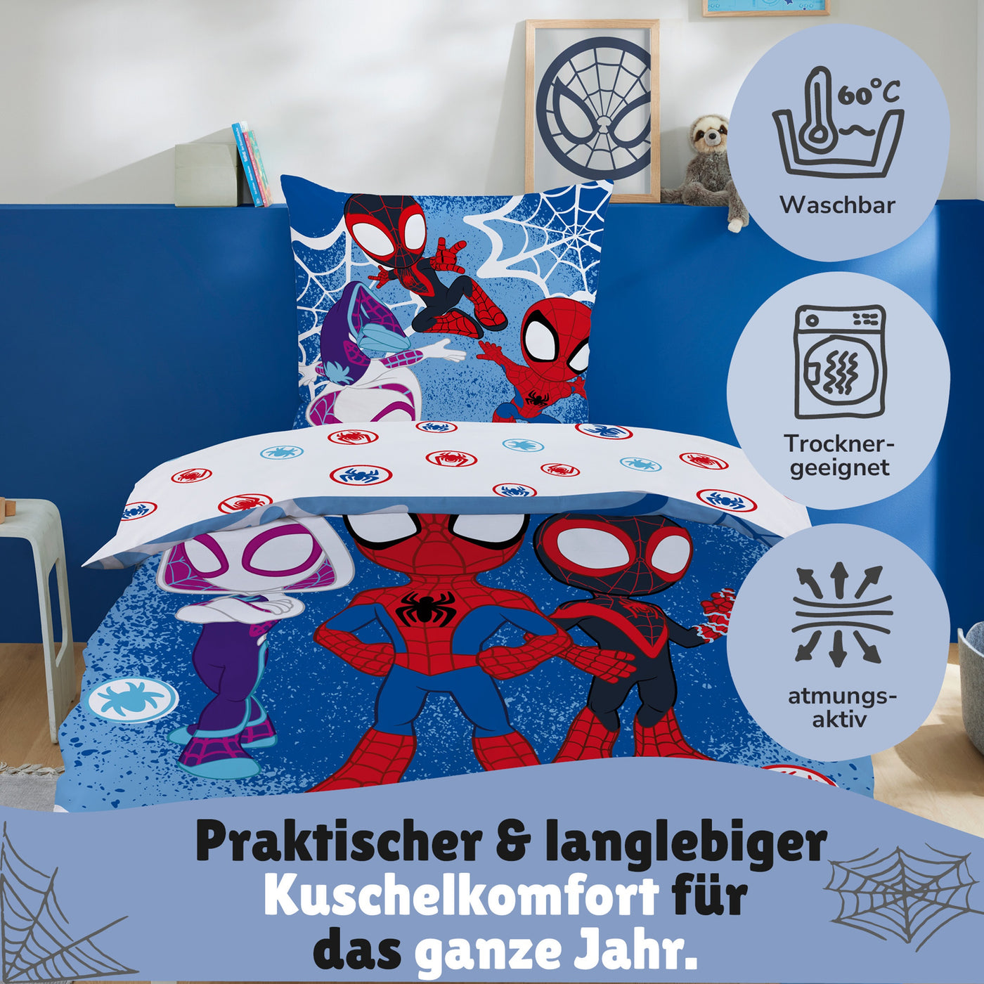Infotafel Pflege Maschinenwäsche und Trocknergeeignet und Reißverschluss an der Bettwäsche