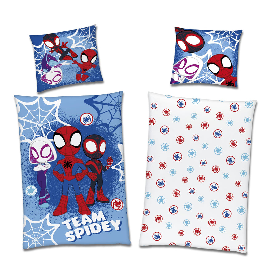 Spidey und seine Superfreunde Bettwäsche Set 2-teilig beide Seiten nebeneinander blaue Vorder- und weiße Rückseite