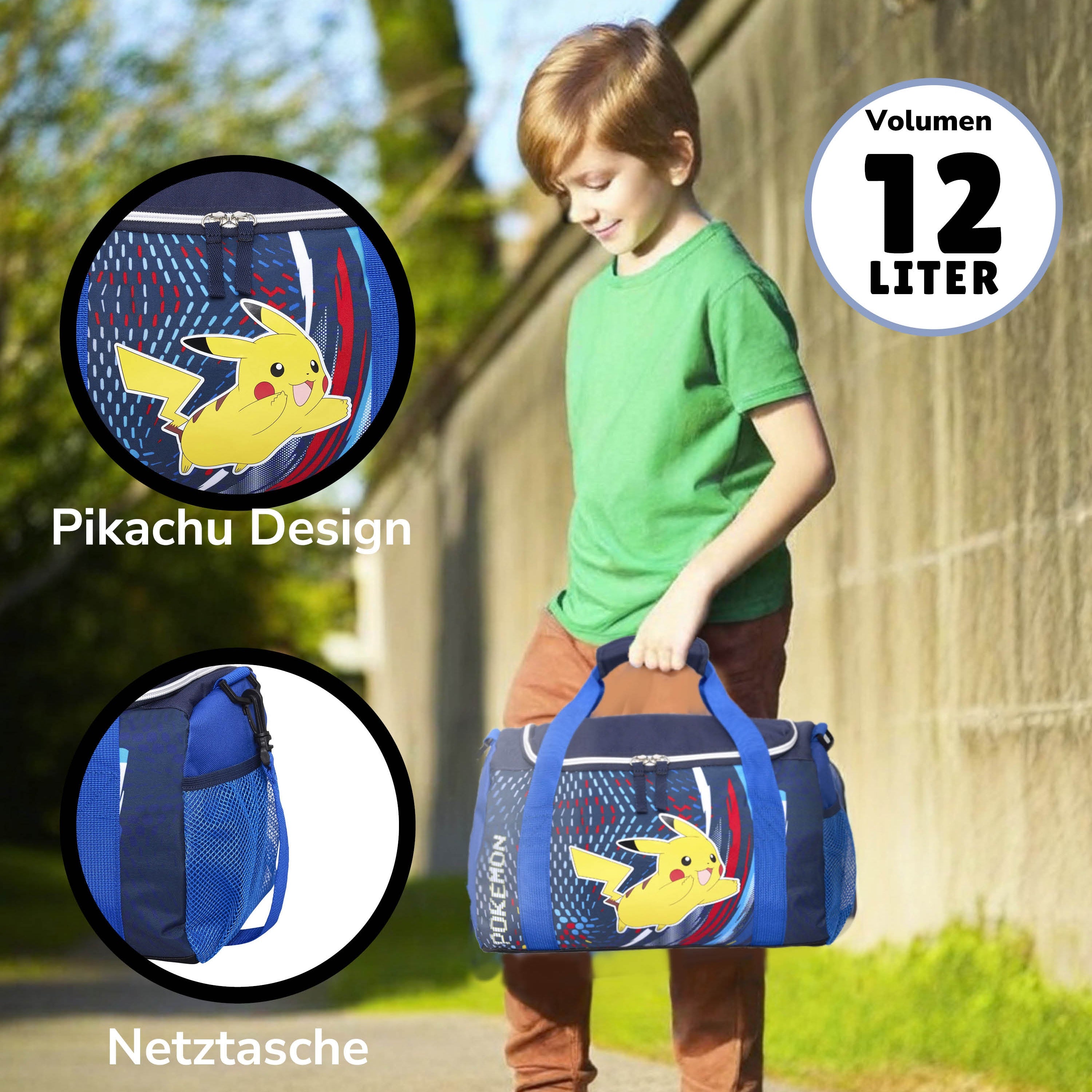 Infotafel 12L Volumen und Netzfach mit Junge der Sporttasche hält