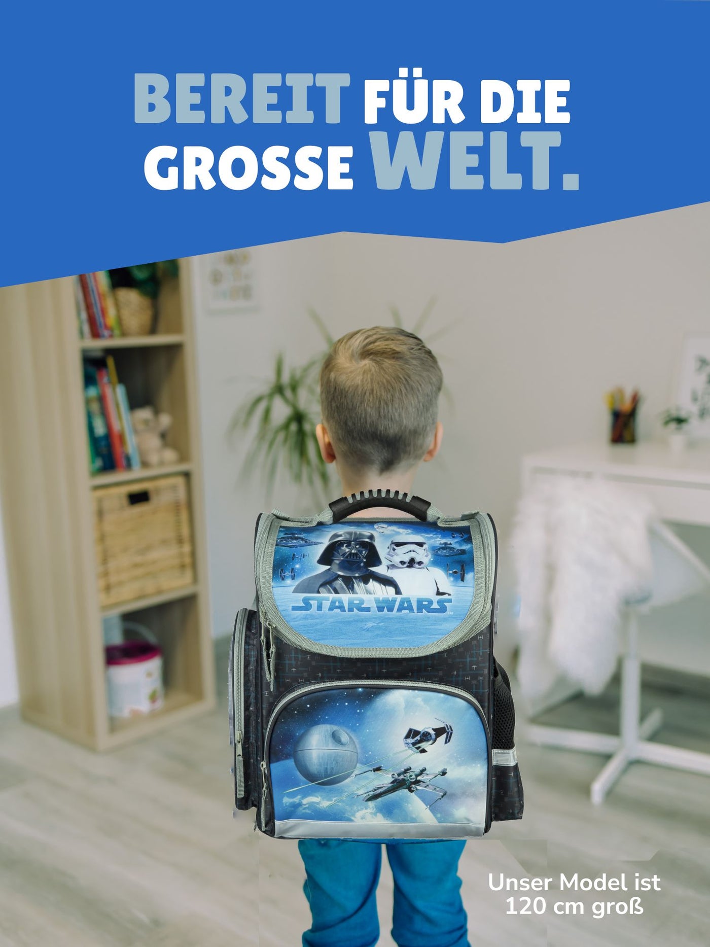 Star Wars Schulranzen Blau Grau Ansicht Seite Links mit Reißverschlussfach