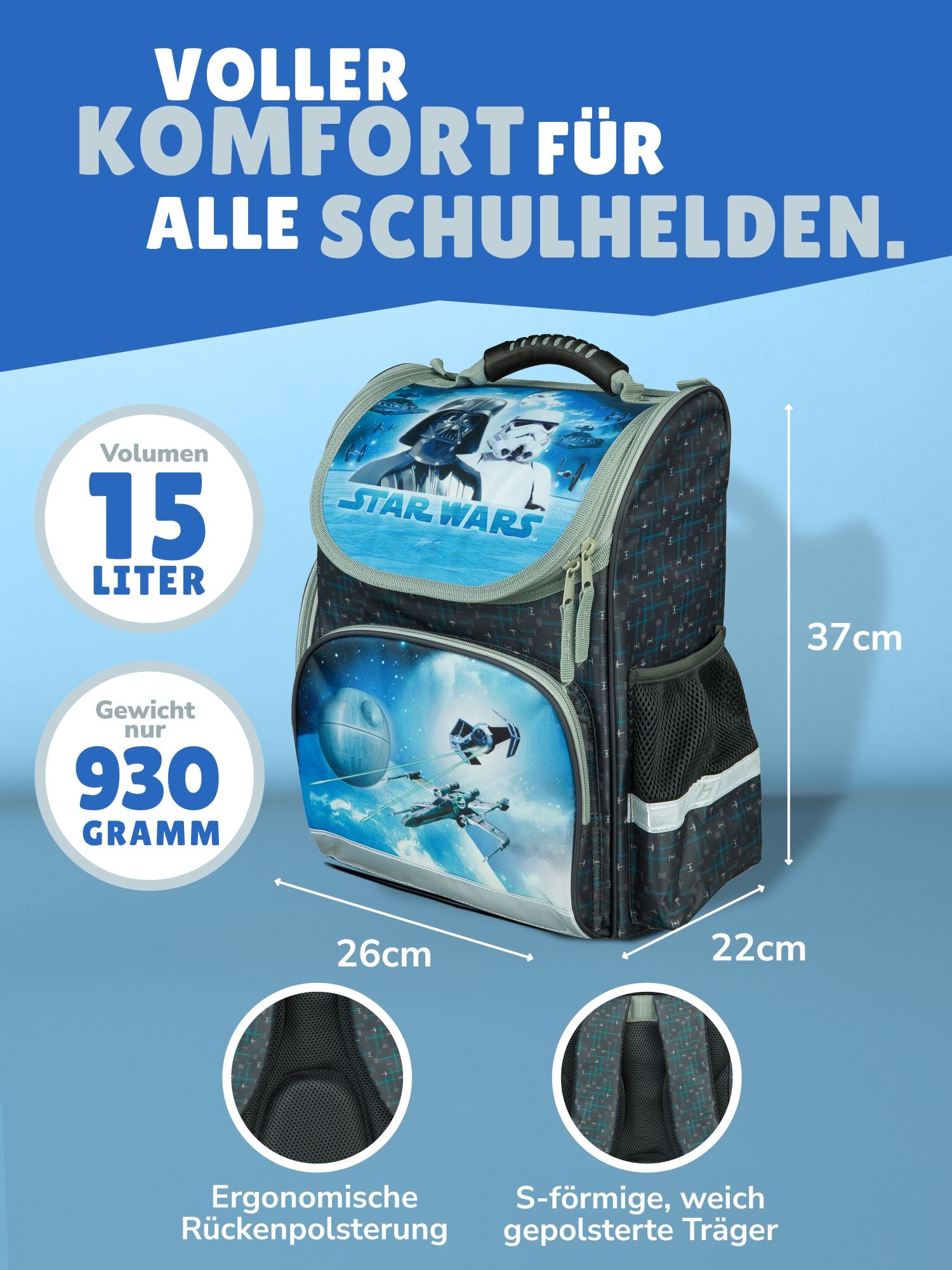 Star Wars Schulranzen Blau Grau Ansicht Frontal mit Vordertasche inkl. Reißverschluss