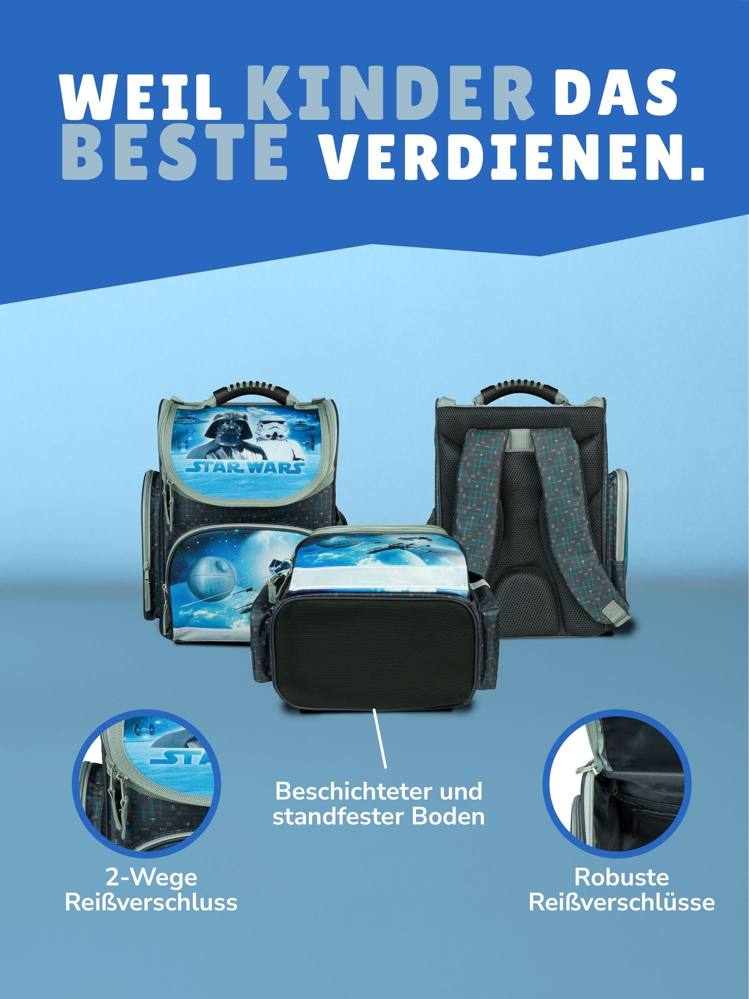 Star Wars Schulranzen Blau Grau Ansicht Seite Rechts mit Gummizugfach