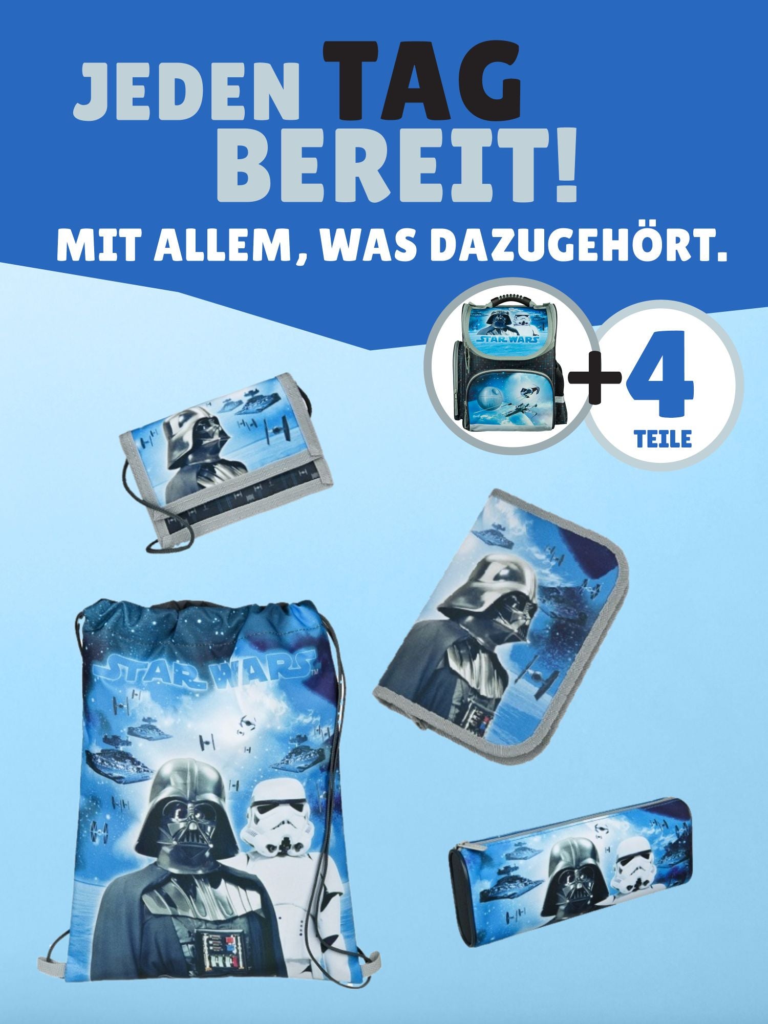 Familando Clou Schulranzen Set Star Wars, blau grau - Darth Vader Schultasche ab 1. Klasse