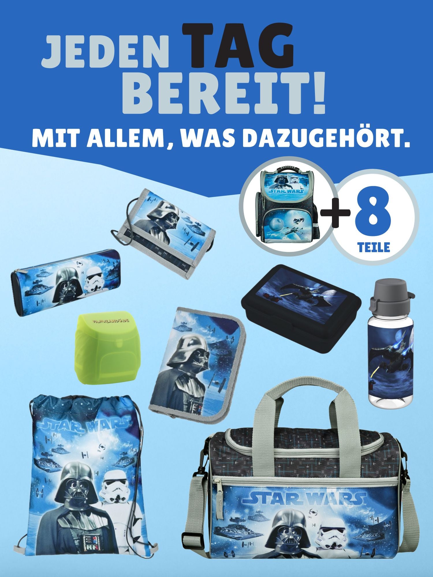 Familando Clou Schulranzen Set Star Wars, blau grau - Darth Vader Schultasche ab 1. Klasse