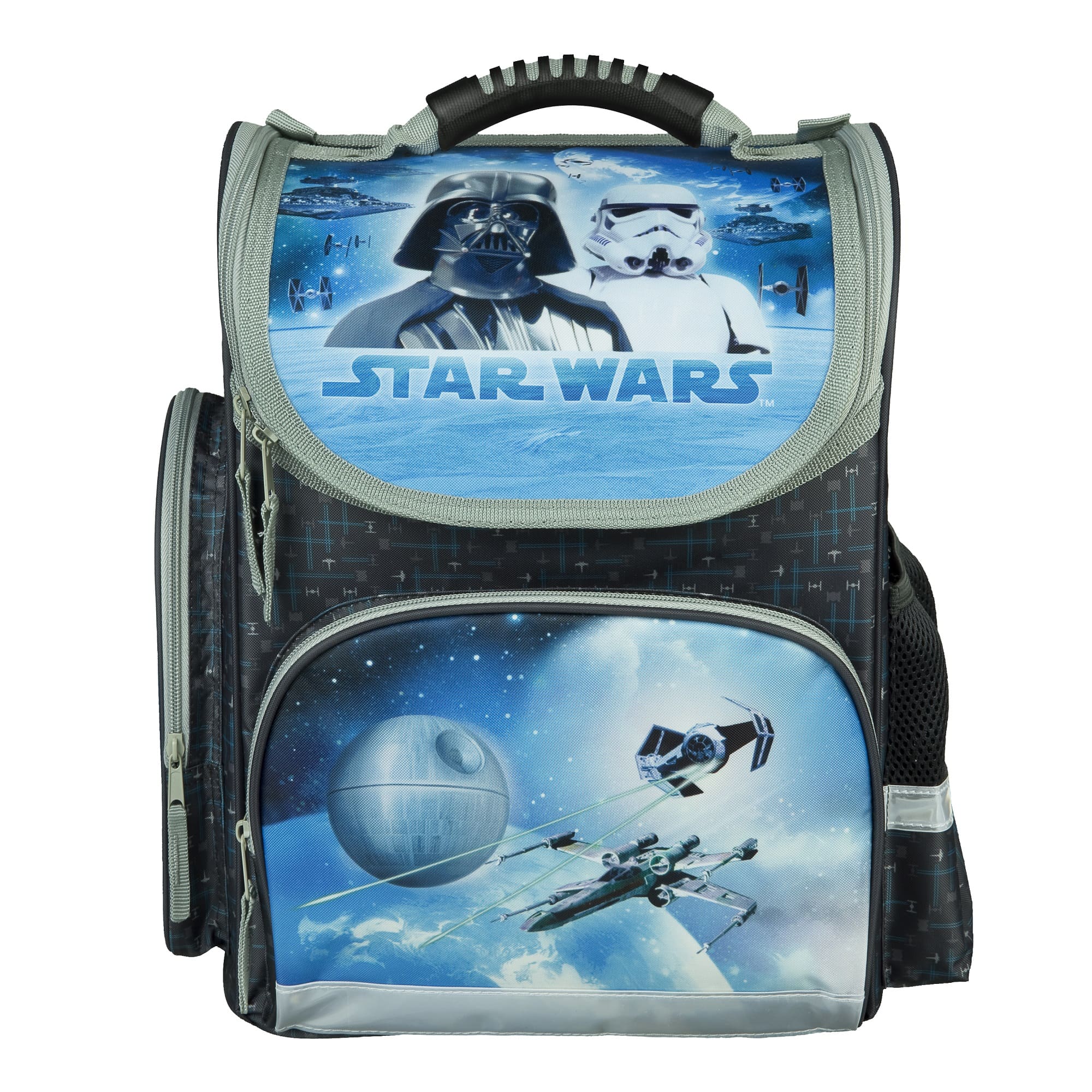 Star Wars Schulranzen Blau Grau Ansicht Frontal mit Vordertasche inkl. Reißverschluss