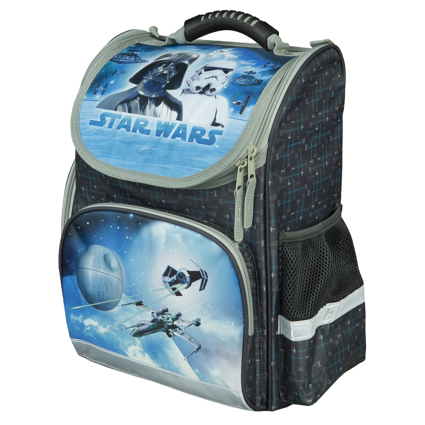 Star Wars Schulranzen Blau Grau Ansicht Seite Rechts mit Gummizugfach