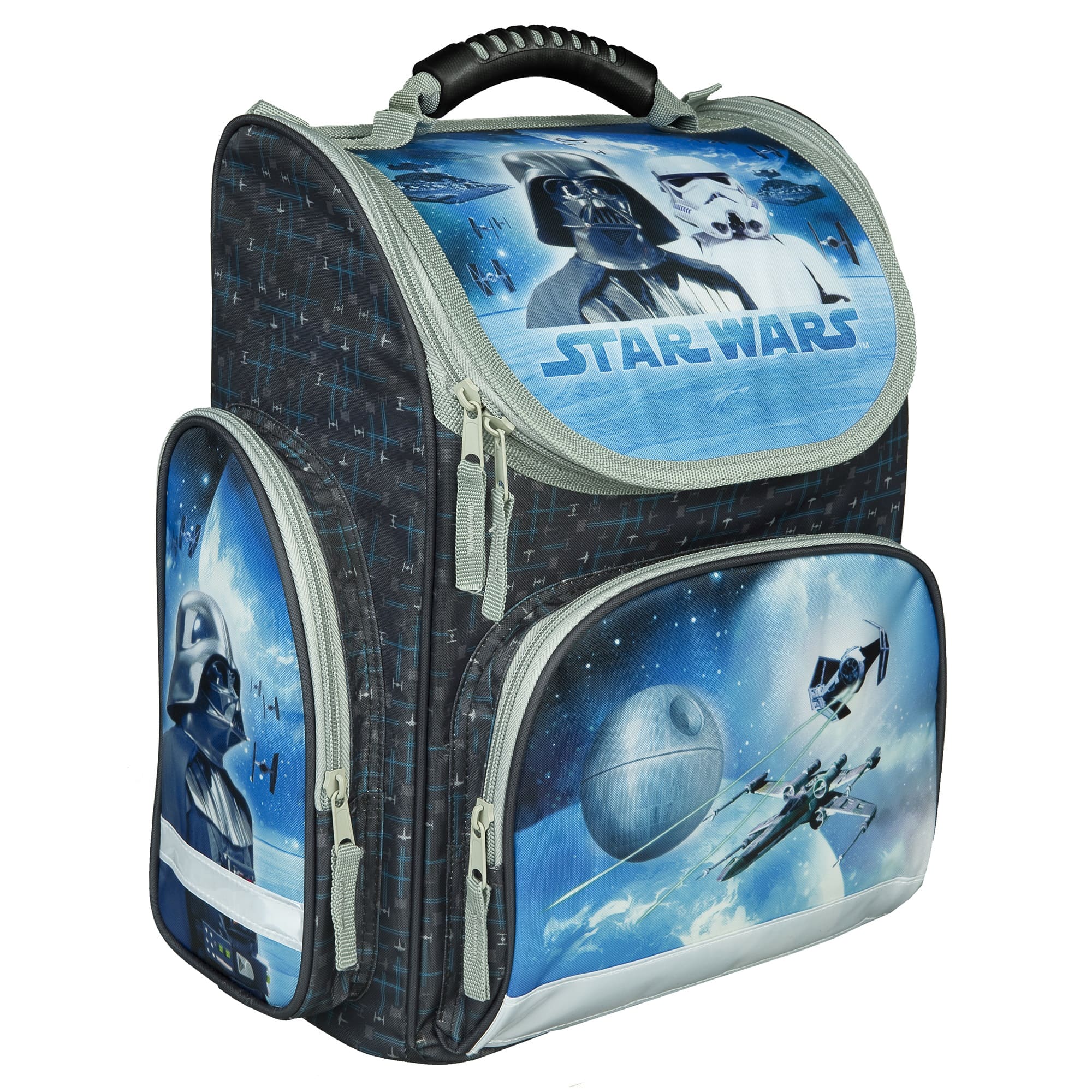 Star Wars Schulranzen Blau Grau Ansicht Seite Links mit Reißverschlussfach