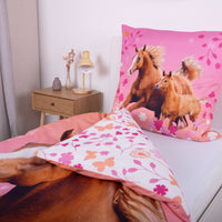 Pferde Bettwäsche Set 2-teilig 135x200 80x80 cm - Renforcé Bettwäsche für Mädchen aus 100% Baumwolle mit Reißverschluss - Rosa, Öko-Tex zertifiziert
