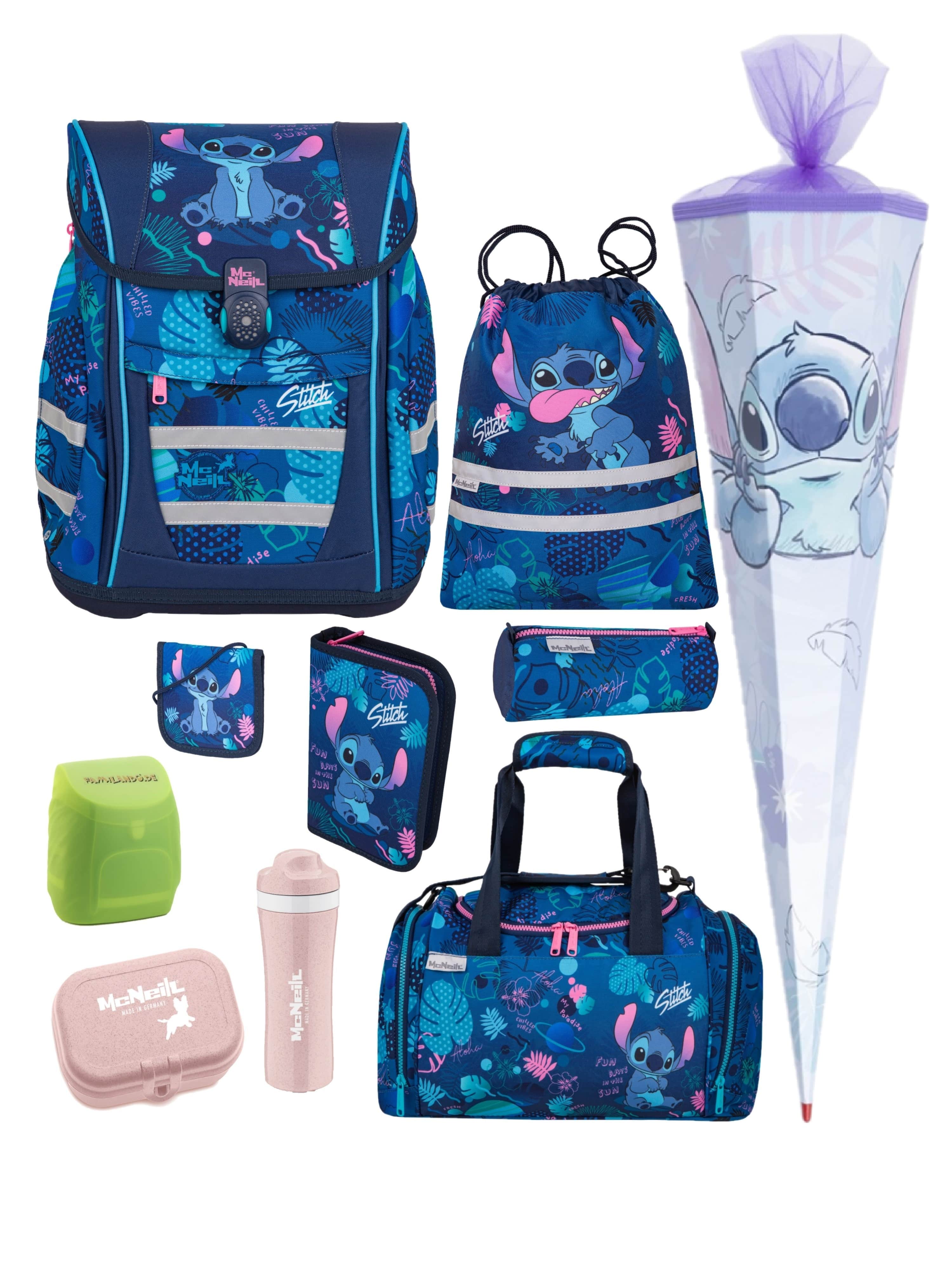 McNeill Teneris Stitch Schulranzen Set für Mädchen 1. Klasse - Ergonomisch, Leicht, Geräumig - 980 Gramm, 18 L Volumen - Disney Sonder-Edition