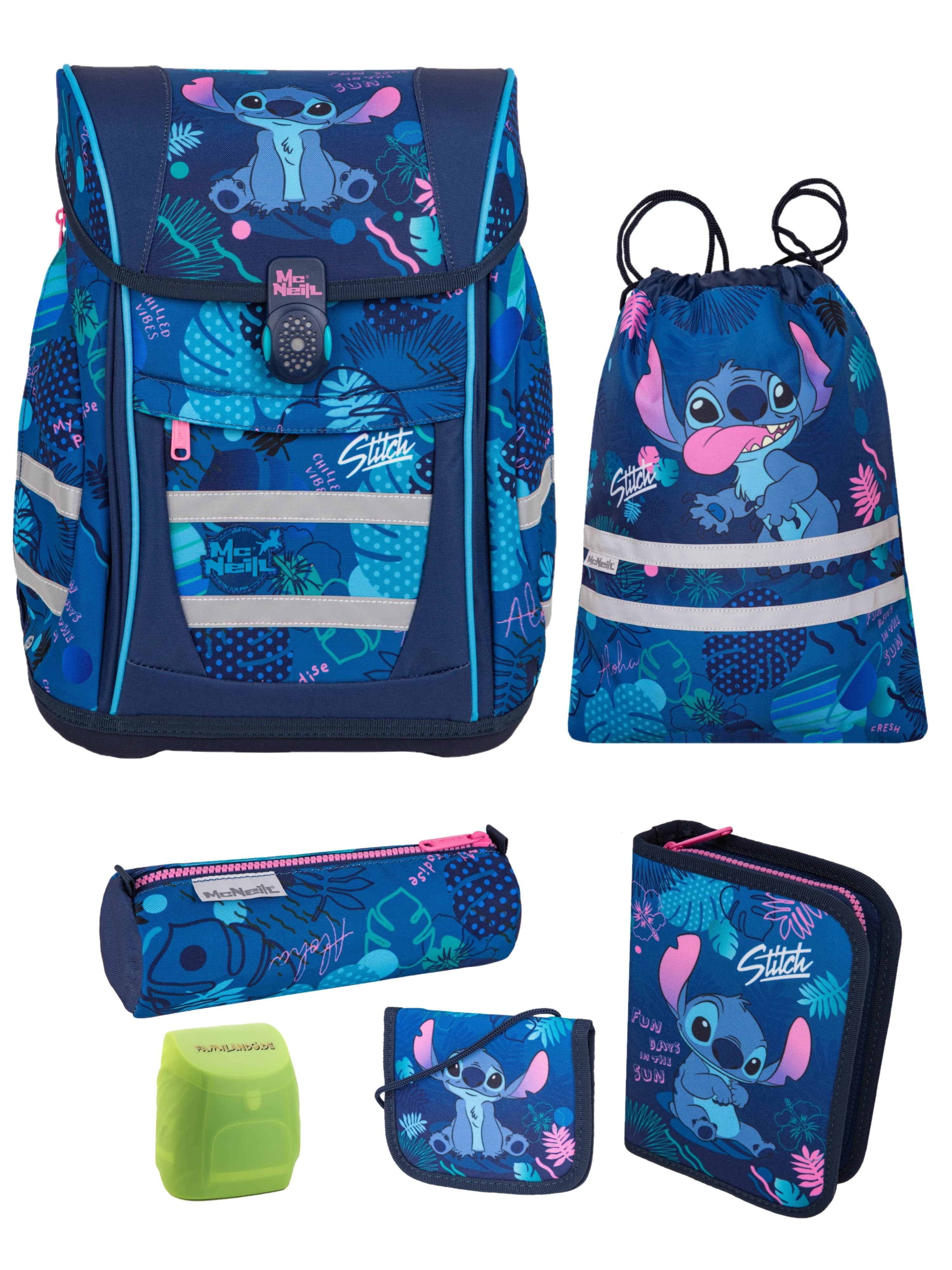 McNeill Teneris Stitch Schulranzen Set für Mädchen 1. Klasse - Ergonomisch, Leicht, Geräumig - 980 Gramm, 18 L Volumen - Disney Sonder-Edition