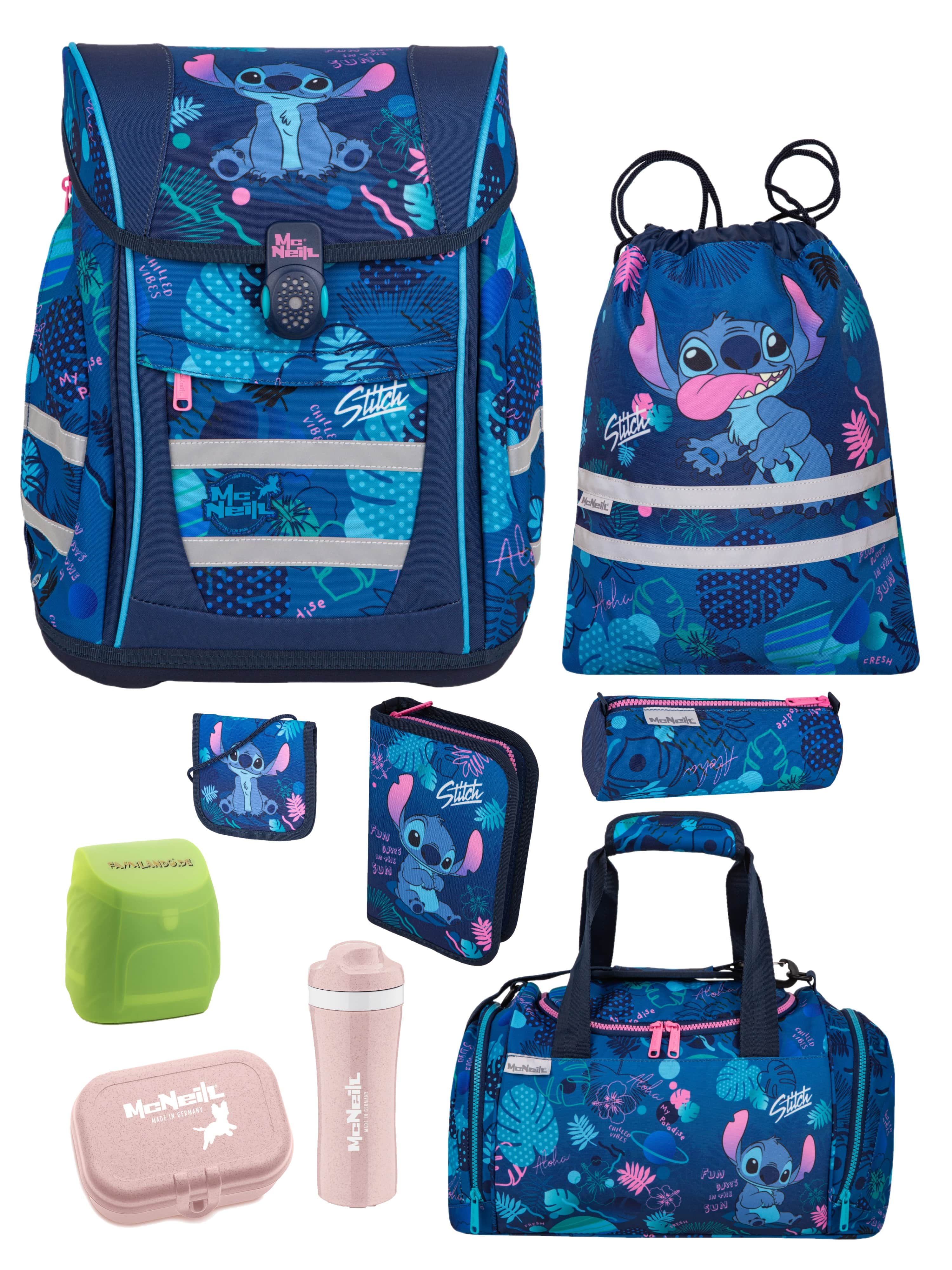 McNeill Teneris Stitch Schulranzen Set für Mädchen 1. Klasse - Ergonomisch, Leicht, Geräumig - 980 Gramm, 18 L Volumen - Disney Sonder-Edition