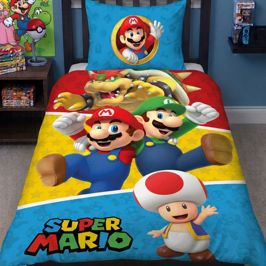 Super Mario Bettwäsche blau und bunt mit Mario, Luig, Bowser und Toad