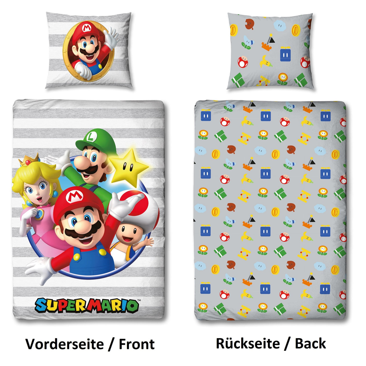 Vorder- und Rückseite Bettwäsche nebeneinander mit Text beschriftet