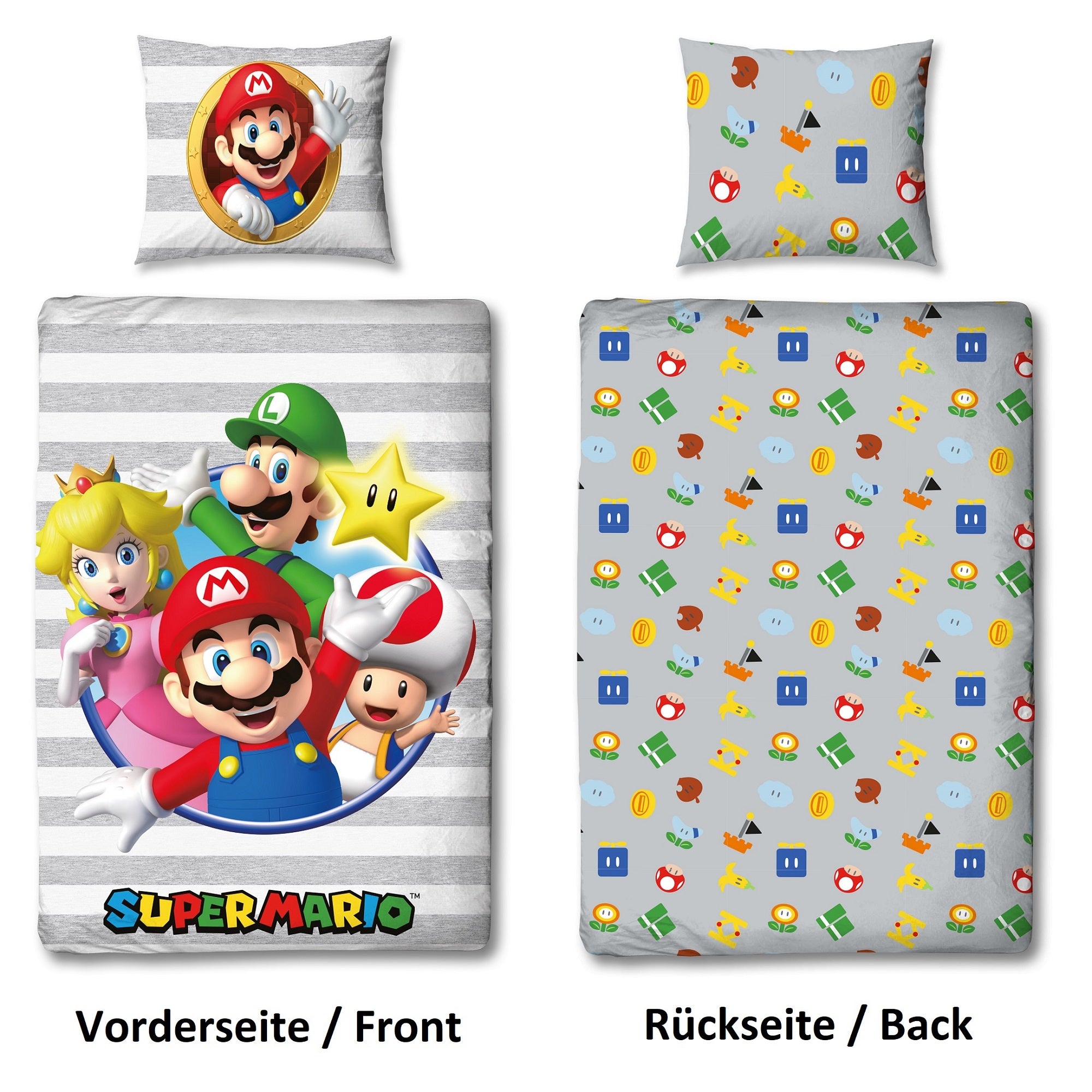 Vorder- und Rückseite Bettwäsche nebeneinander mit Text beschriftet