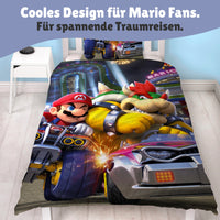 Detailansicht Vorderseite mit Super Mario & Bowser in Karts sitzen im Rennen