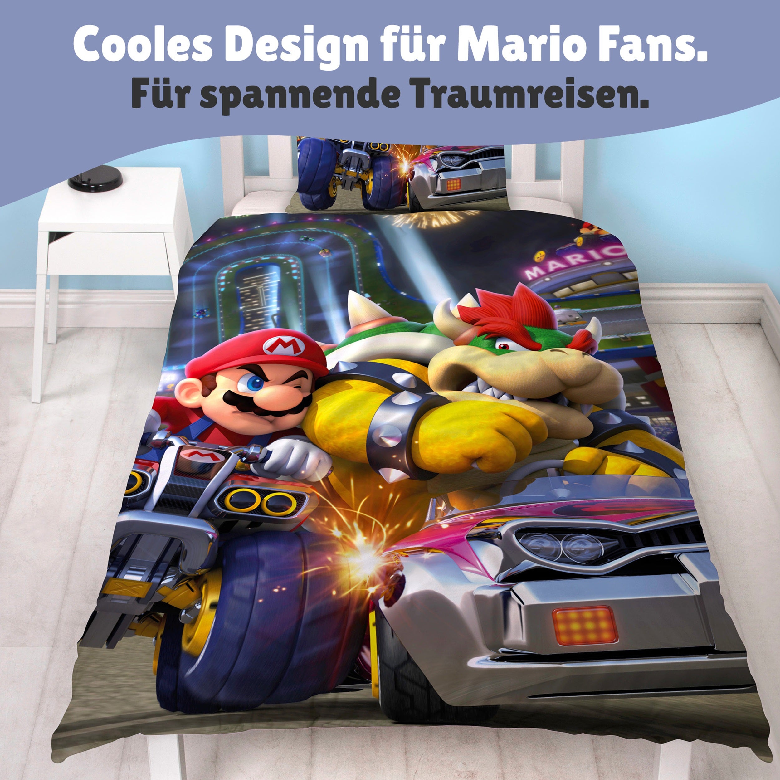 Detailansicht Vorderseite mit Super Mario & Bowser in Karts sitzen im Rennen