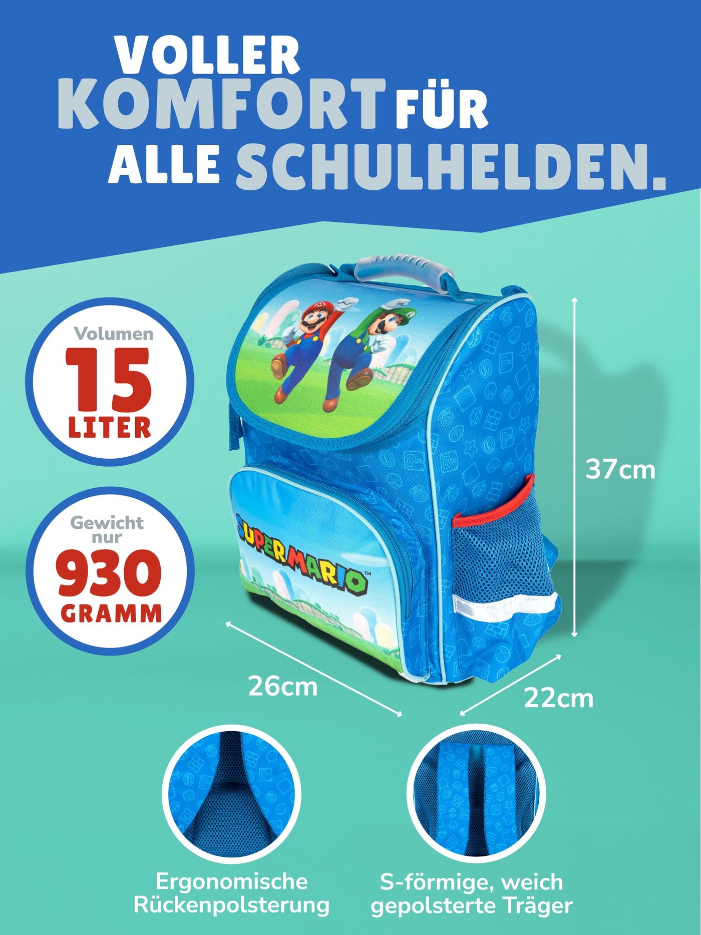 Ansicht Schulranzen Frontal mit Infos zu Volumen 15 Liter, Gewicht 930 Gramm und gepolstertem Rückenbett