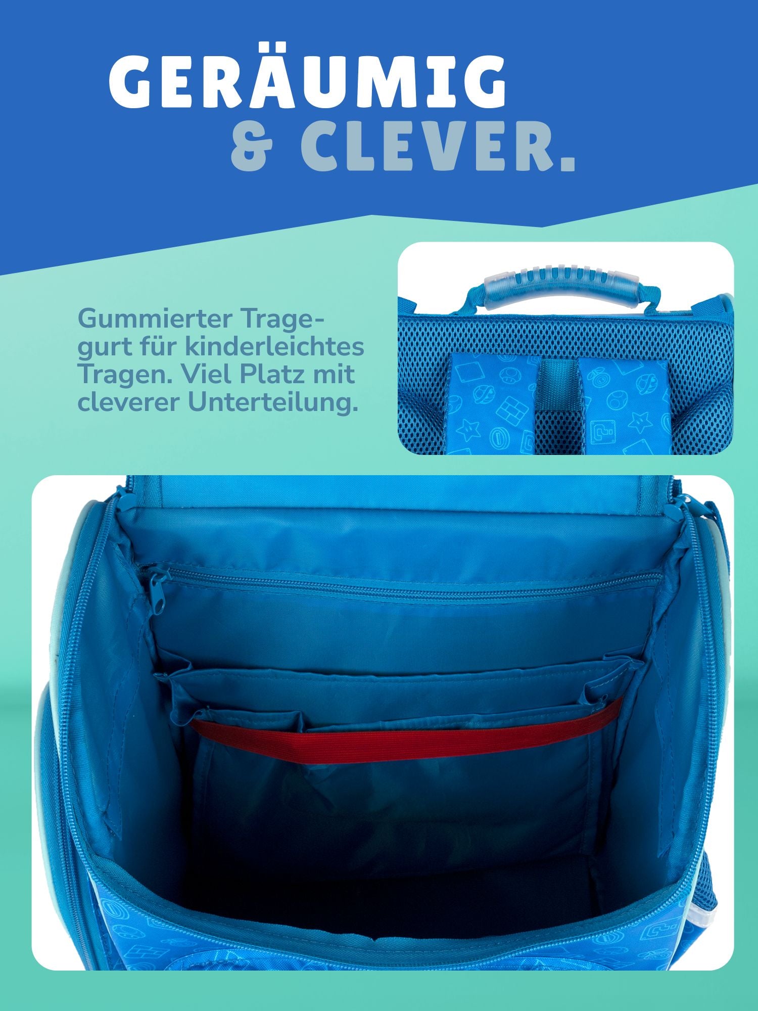 Innenansicht Schulranzen mit blauem Futter und Organizer Unterteilung