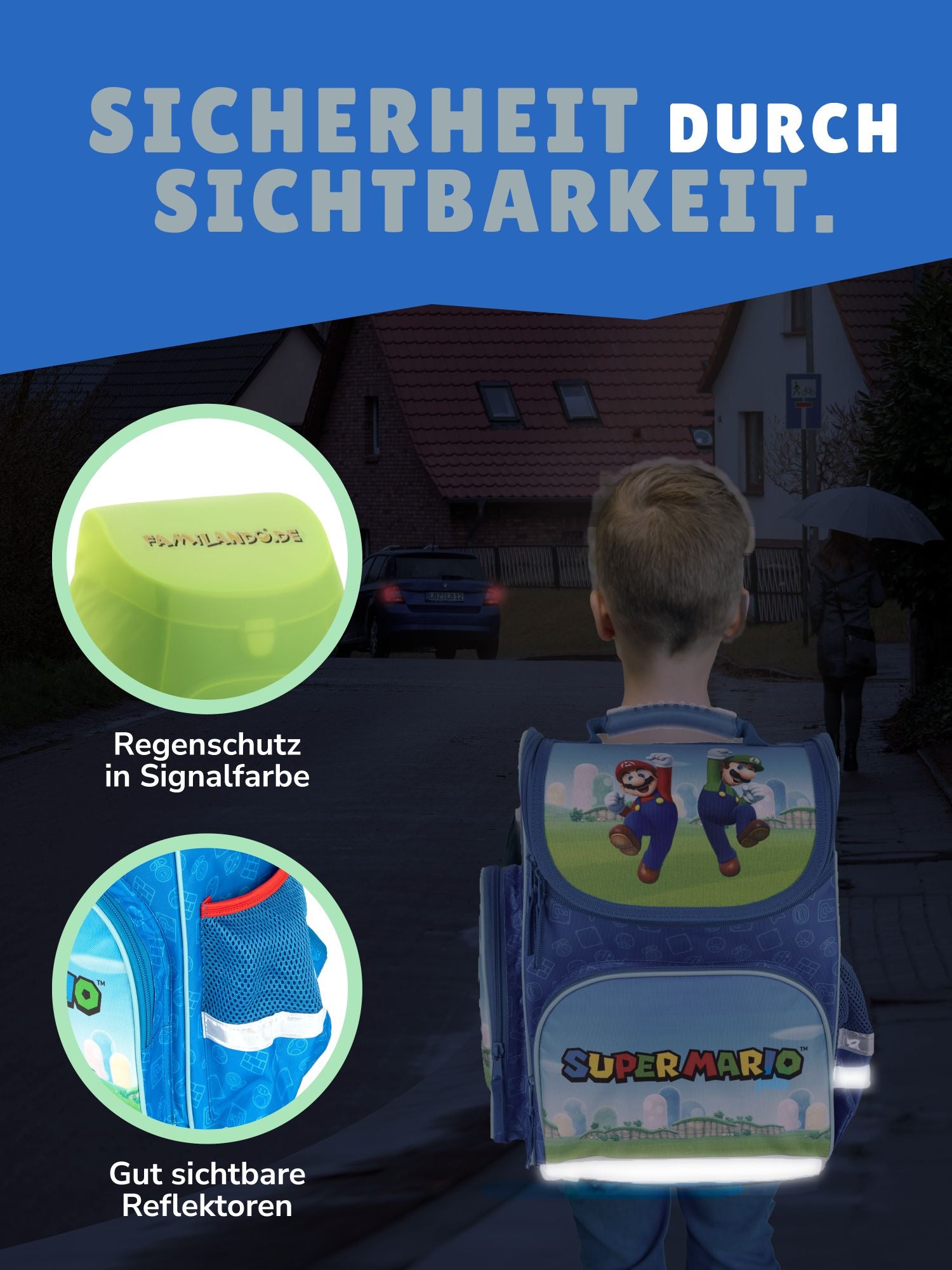 Junge läuft auf dunkler Straße mit Schulranzen - Reflektoren sind gut sichtbar