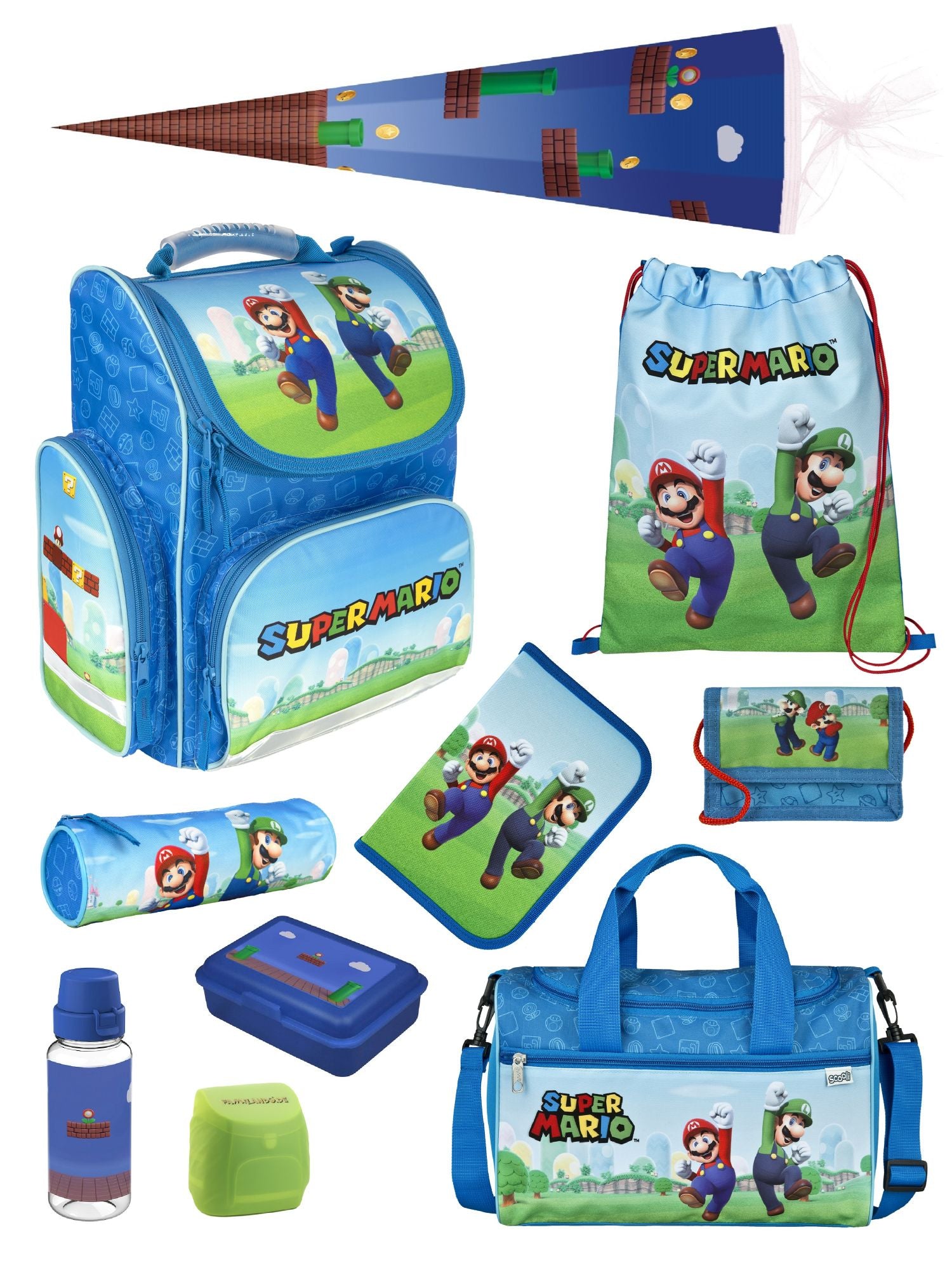 Familando Clou Schulranzen Set Super Mario, blau - Nintendo Schultasche ab 1. Klasse