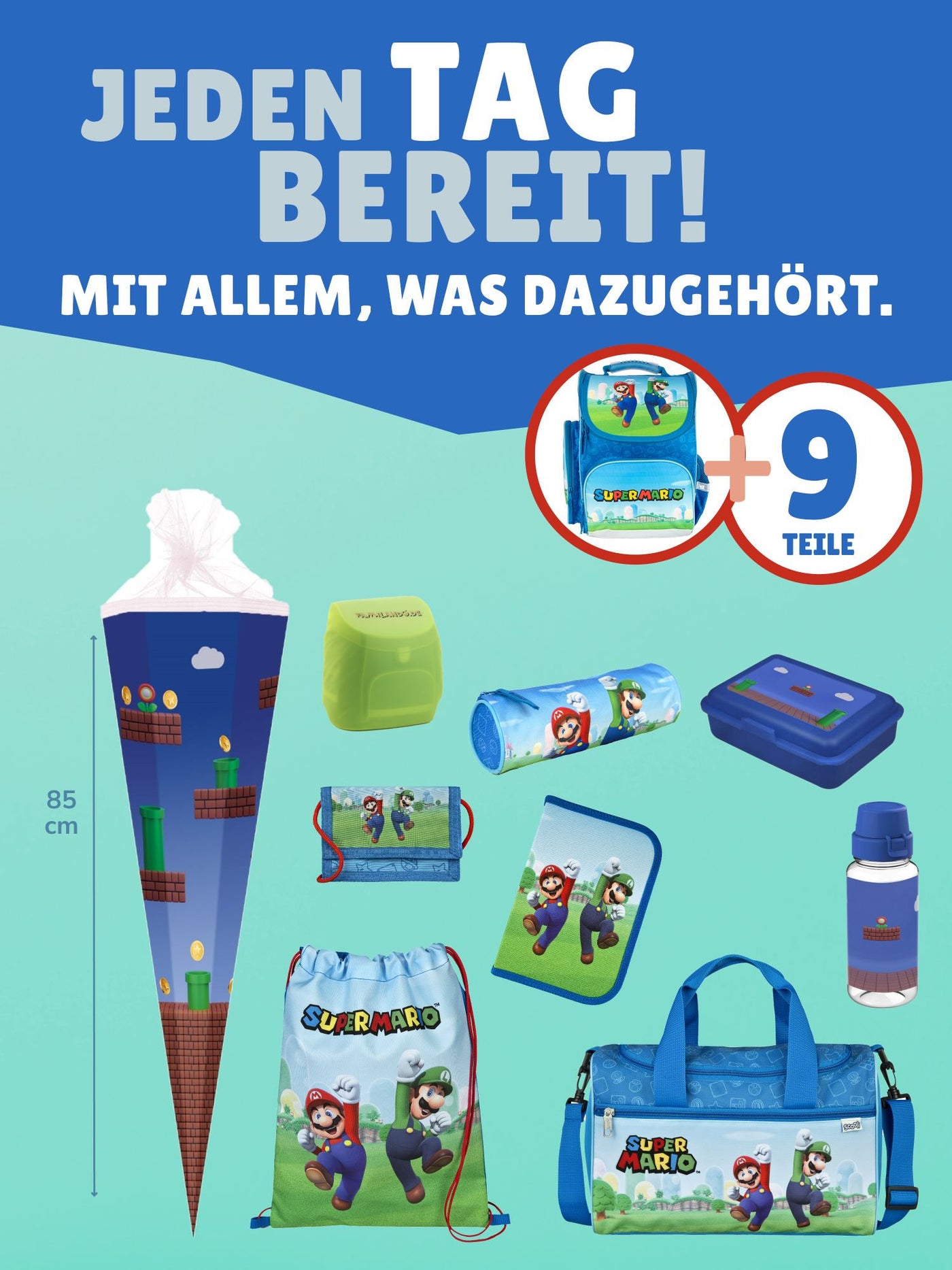 Familando Clou Schulranzen Set Super Mario, blau - Nintendo Schultasche ab 1. Klasse