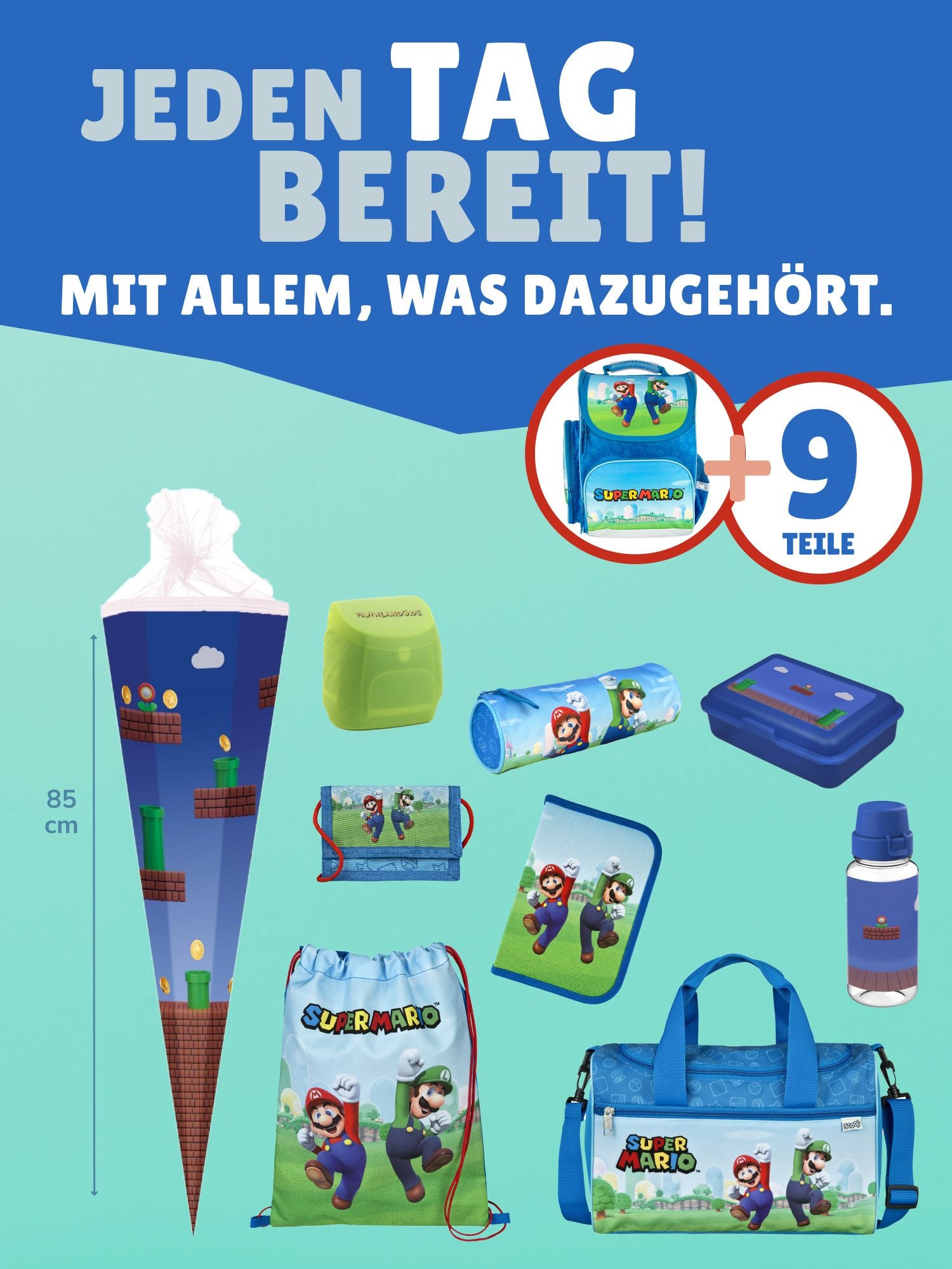Familando Clou Schulranzen Set Super Mario, blau - Nintendo Schultasche ab 1. Klasse