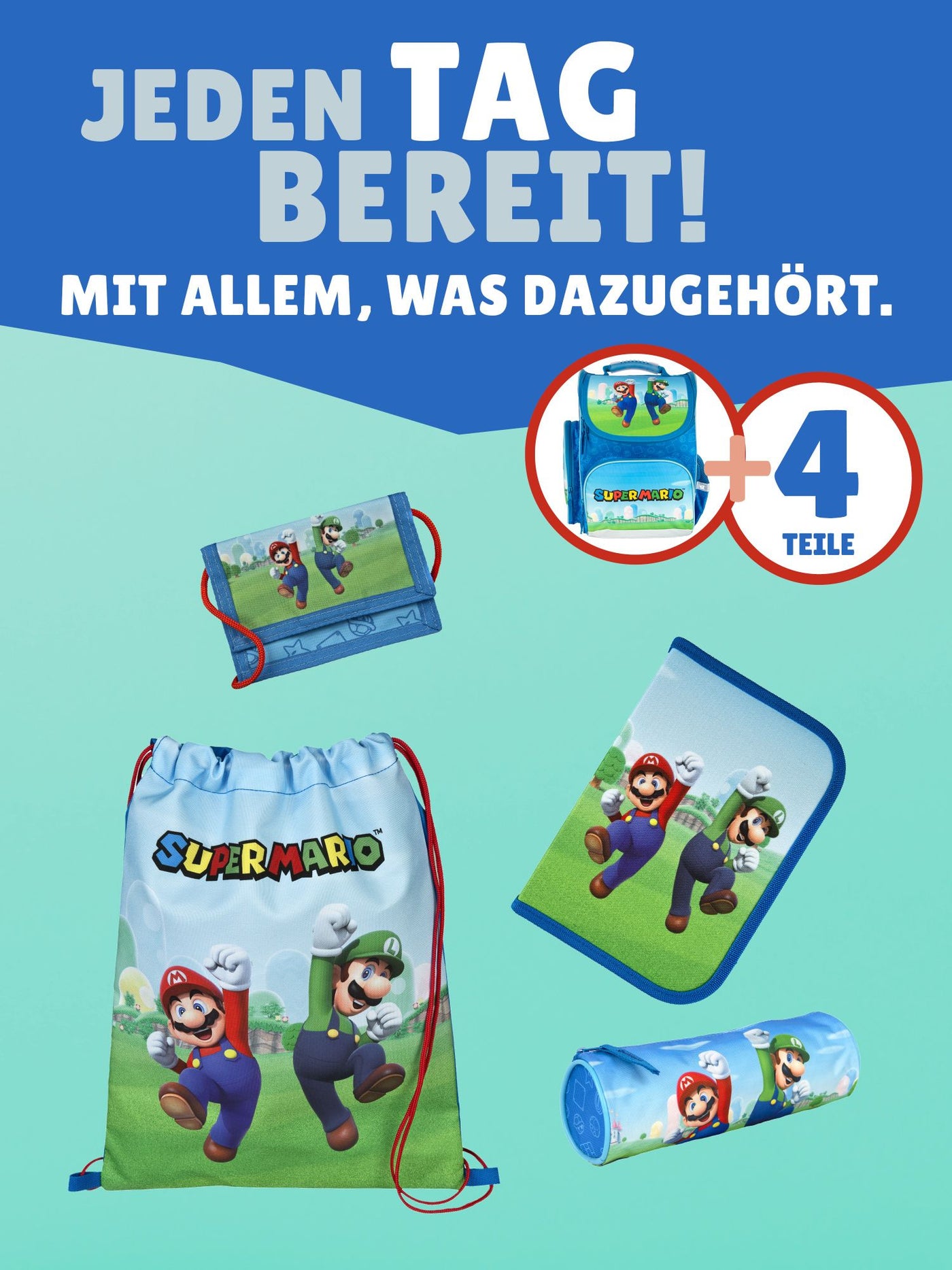 Super Mario Schulranzen für Jungen rechts mit Reißverschlussfach