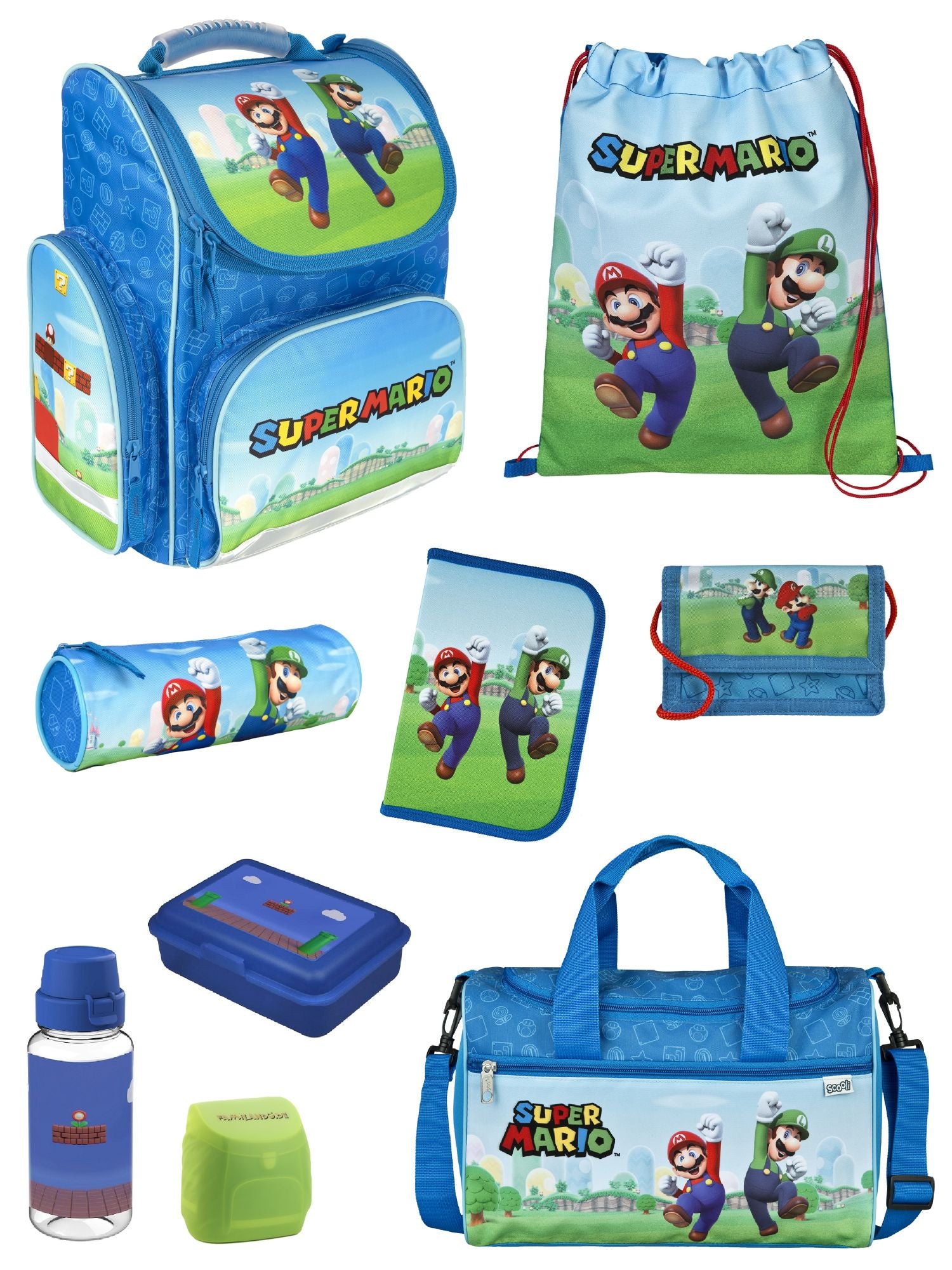 Familando Clou Schulranzen Set Super Mario, blau - Nintendo Schultasche ab 1. Klasse