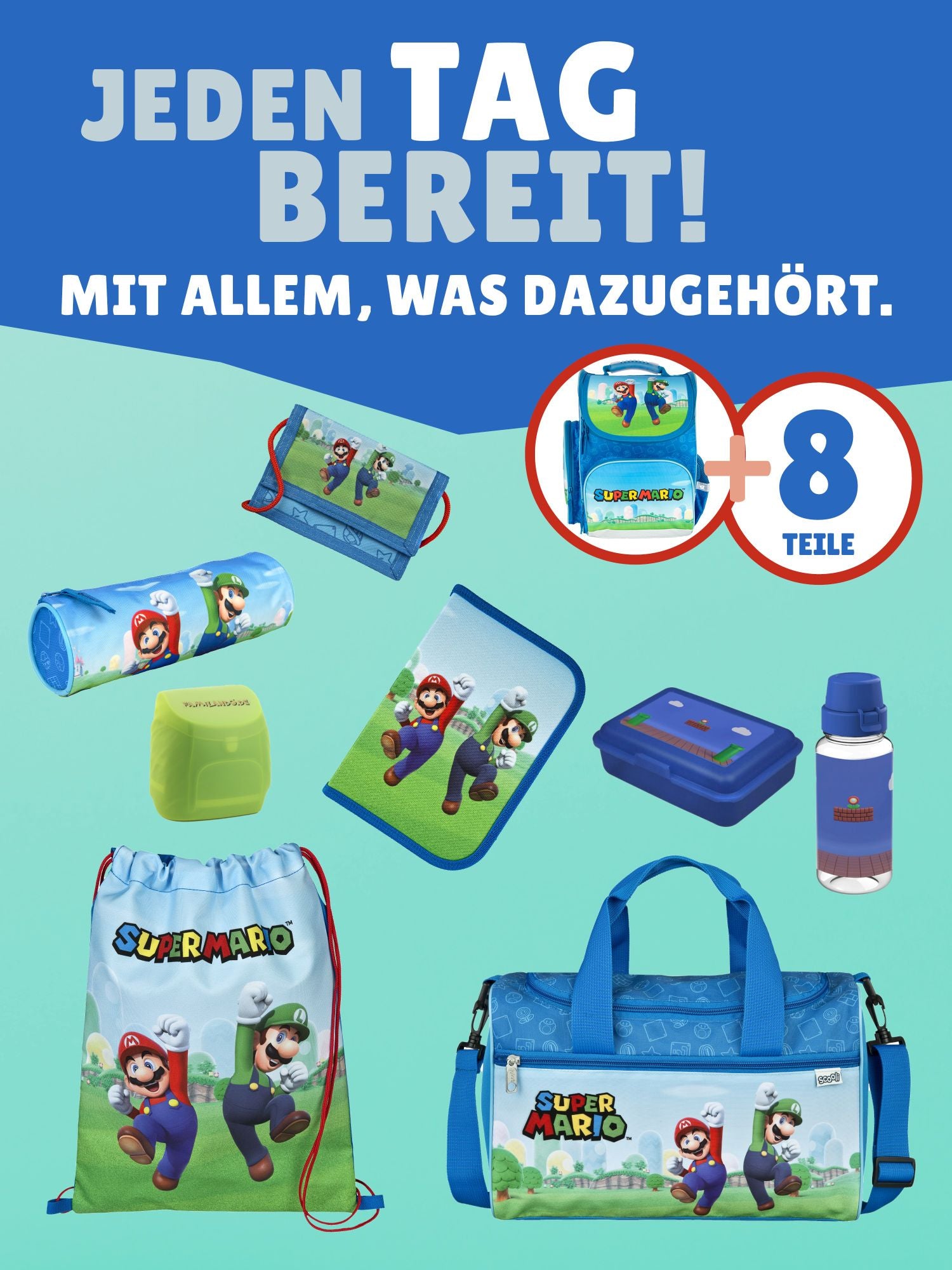 Familando Clou Schulranzen Set Super Mario, blau - Nintendo Schultasche ab 1. Klasse