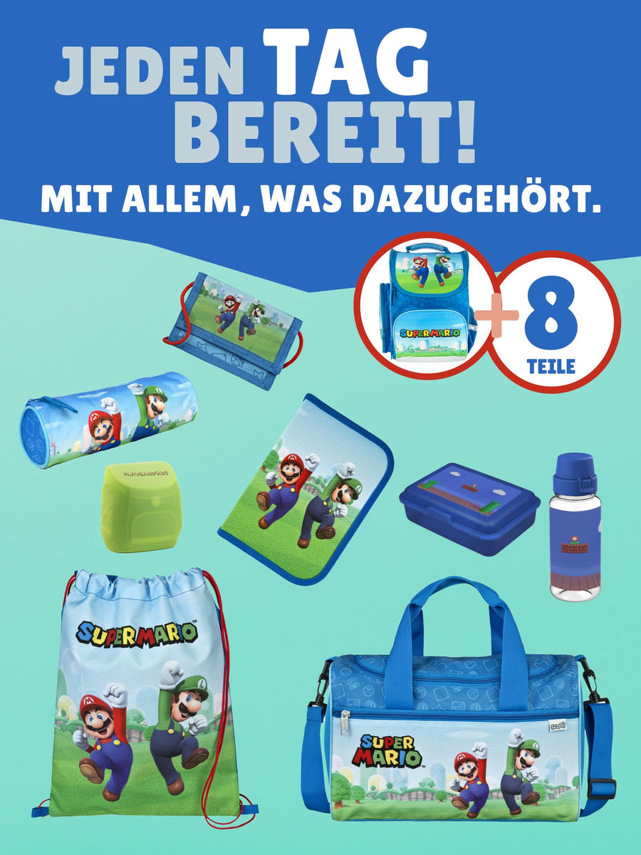 SUPER MARIO Schulranzen 9-teiliges Set Ranzen 1. Klasse mit Sporttasche