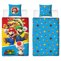 Super Mario Bettwäsche blau und bunt mit Mario, Luig, Bowser und Toad