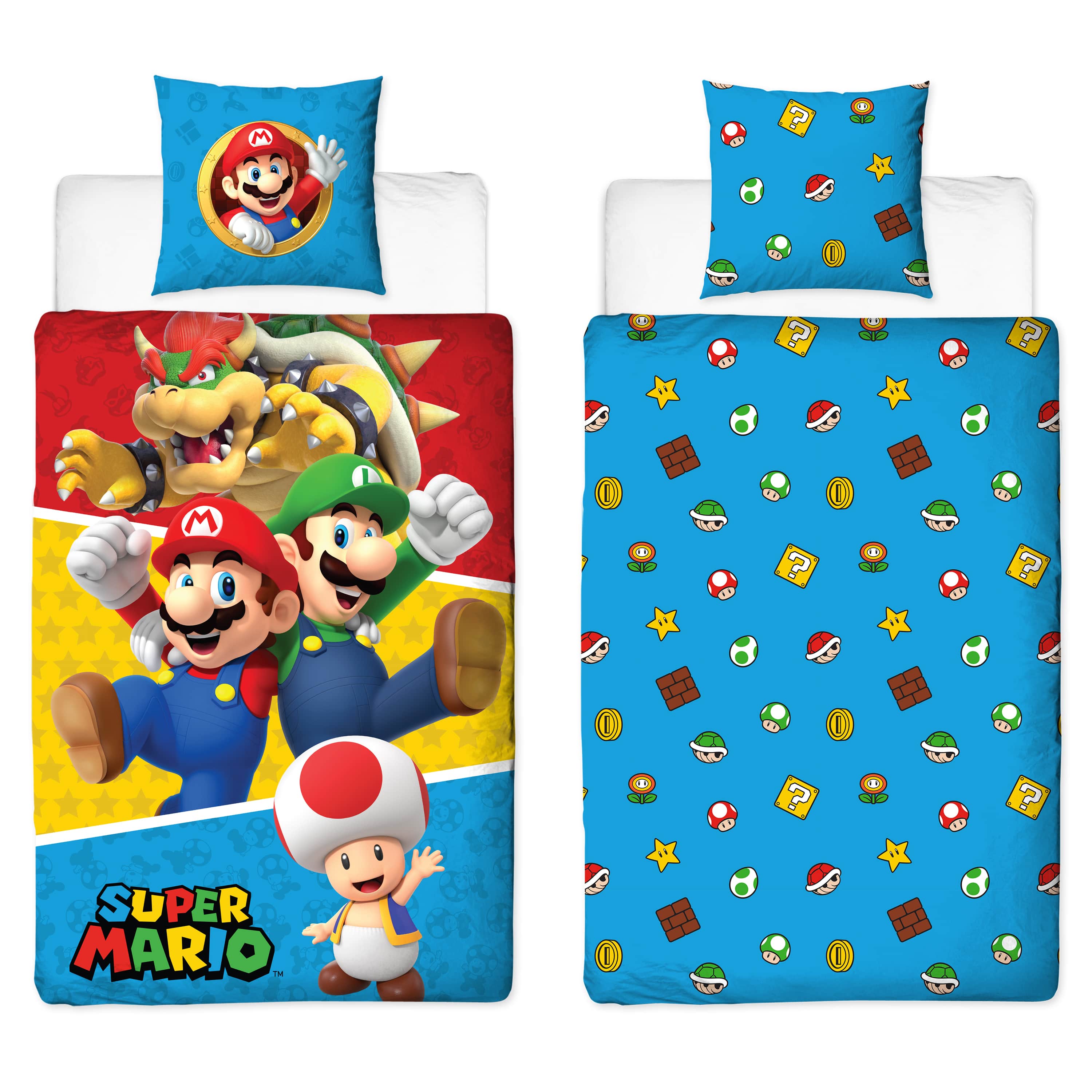 Super Mario Bettwäsche blau und bunt mit Mario, Luig, Bowser und Toad