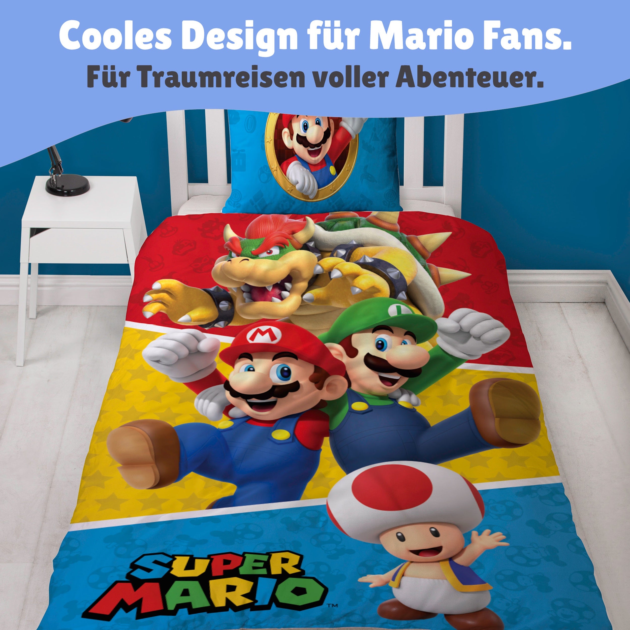 Detailansicht Vorderseite mit Bowser Luigi Mario und Toad auf Bett gezogen