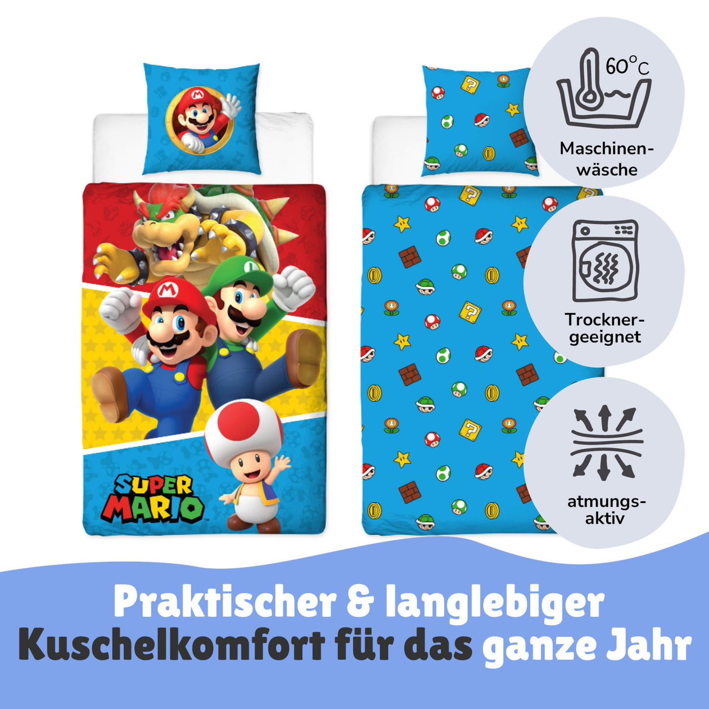 Infotafel Pflege Maschinenwäsche und Trocknergeeignet und Reißverschluss an der Bettwäsche