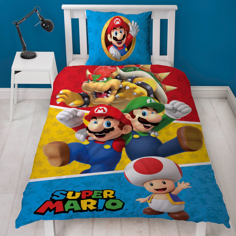 Super Mario Bettwäsche blau und bunt mit Mario, Luig, Bowser und Toad