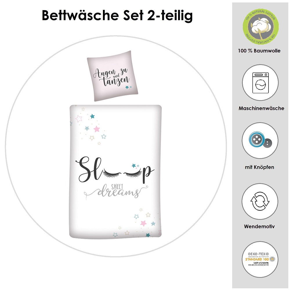 Infotafel Material und Waschhinweise der Bettwäsche aus 100% Baumwolle mit Reißverschluss 