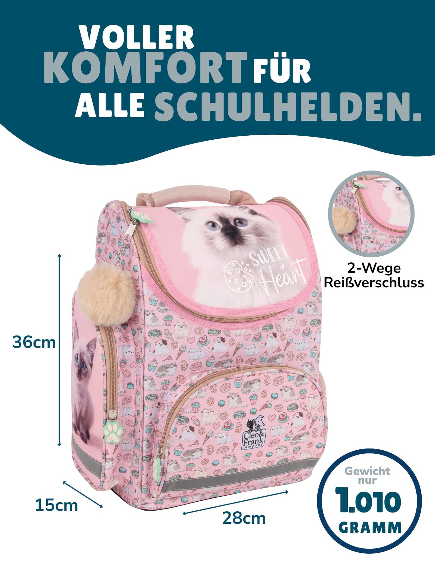 Familando Sweet Heart Schulranzen Set 8-teilig, Katze, rosa - Schultasche ab. 1 Klasse