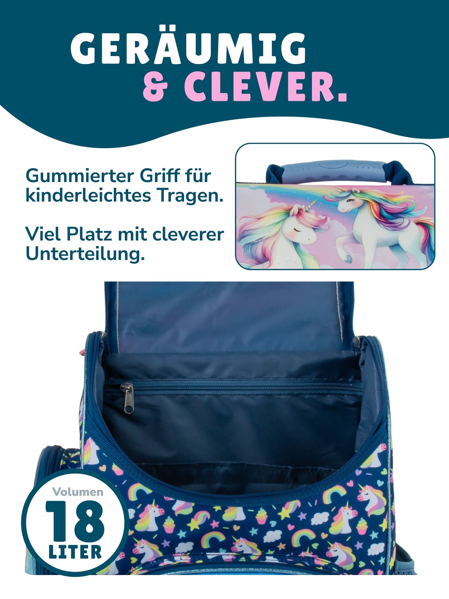 Familando Einhorn Schulranzen Set, Unicorn Power, blau rosa - Schultasche ab. 1 Klasse